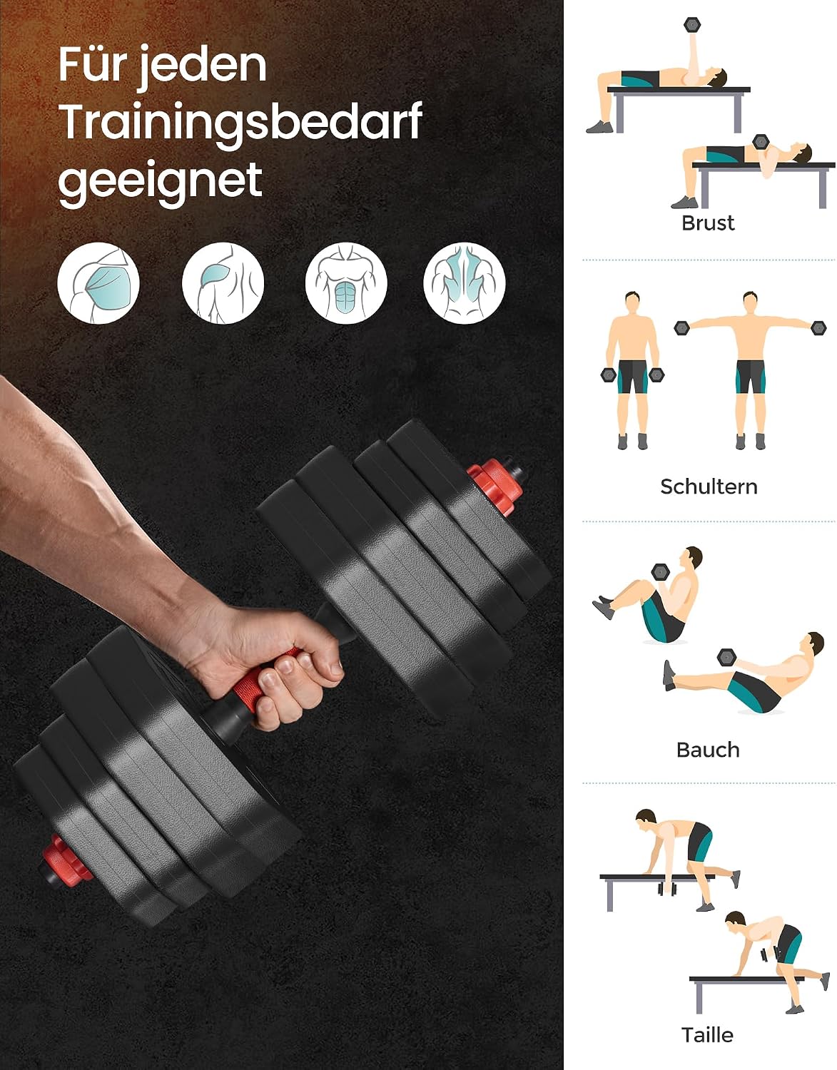 Detalle de SONGMICS Hantelset – Hexagonalschalensatz mit Verbindungsstange, 30 kg, Kurzhanteln & Langhantel inklusive