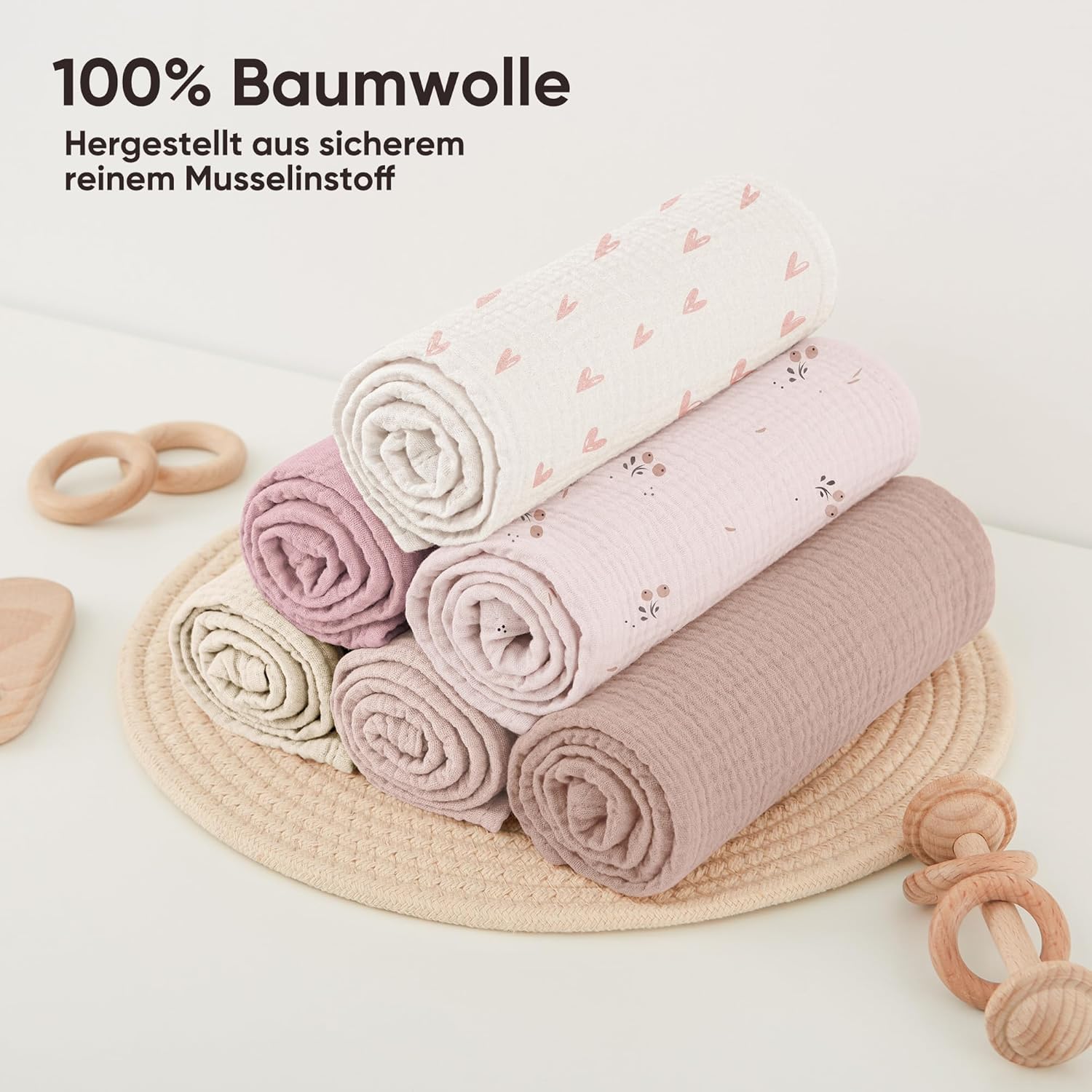 Thumbnail 4 de Bearmoss Musselin-Spucktücher für Babys aus 100% Baumwolle, 3er-Set 60 x 60 cm (Rosa Herz)