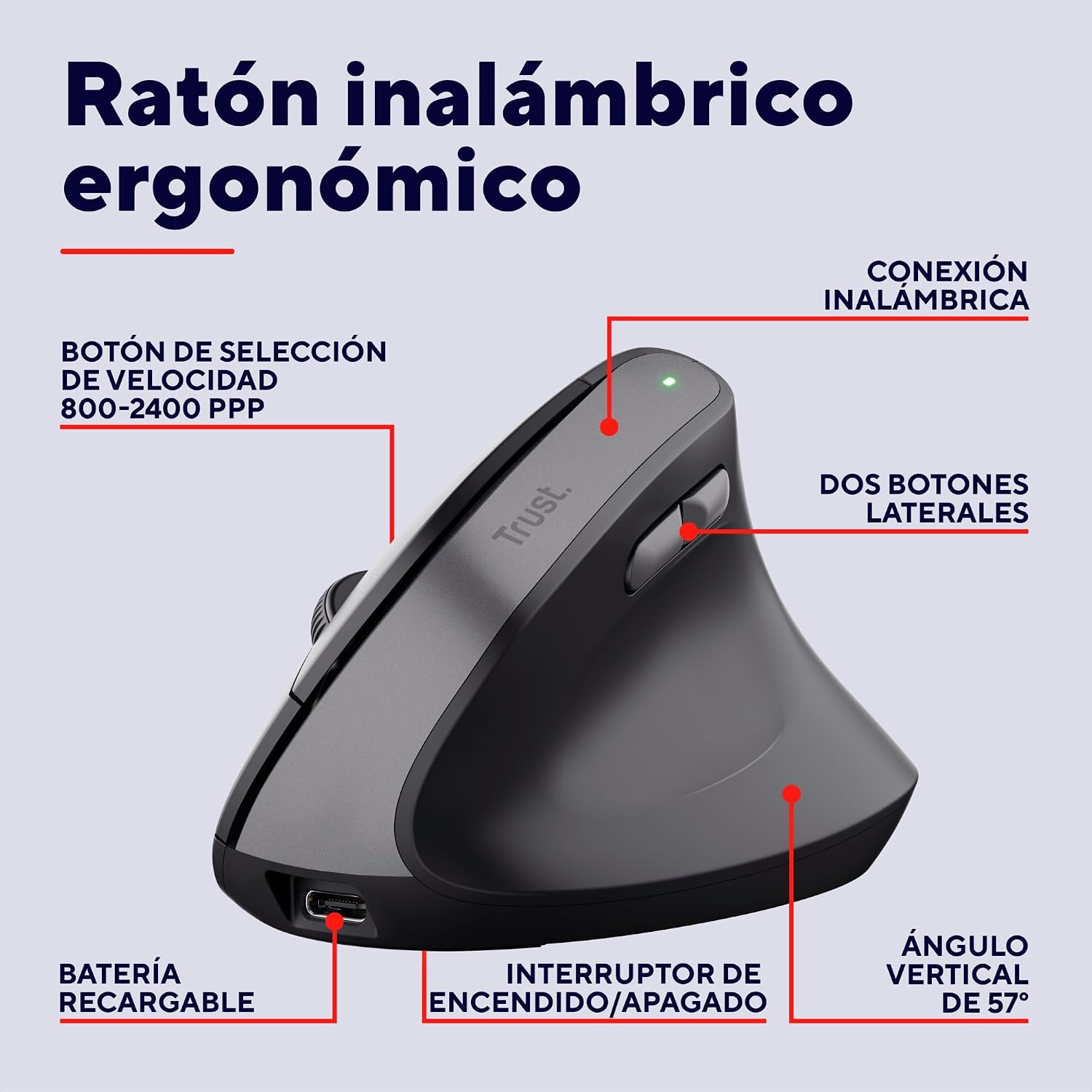 Detalle 2 de Trust Yuno ratón ergonómico 2,4 GHz 2400 dpi 🖱