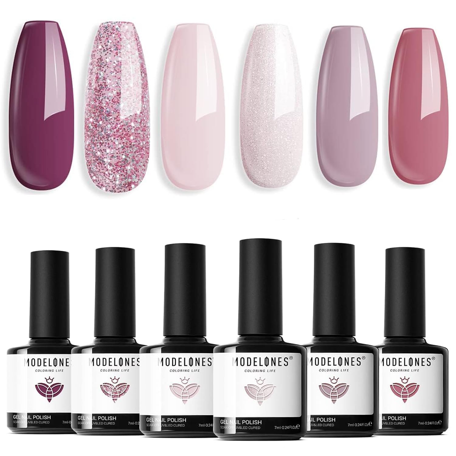 Detalle de Modelones UV Nagellack Set – 6 Farben Gel Nagellack Rosa Nude Glitzer (Soak Off) für Anfänger und Profis