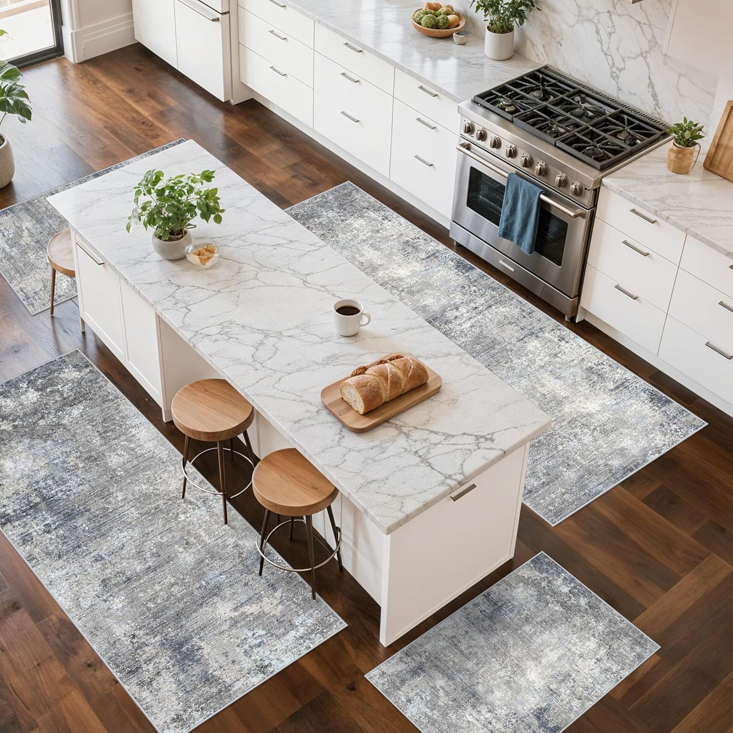 Thumbnail 2 de Kitchen Rug Set 4-Piece with Runner (Washable, Non-Slip) — Blue Grey Modern Abstract Neutral Mats