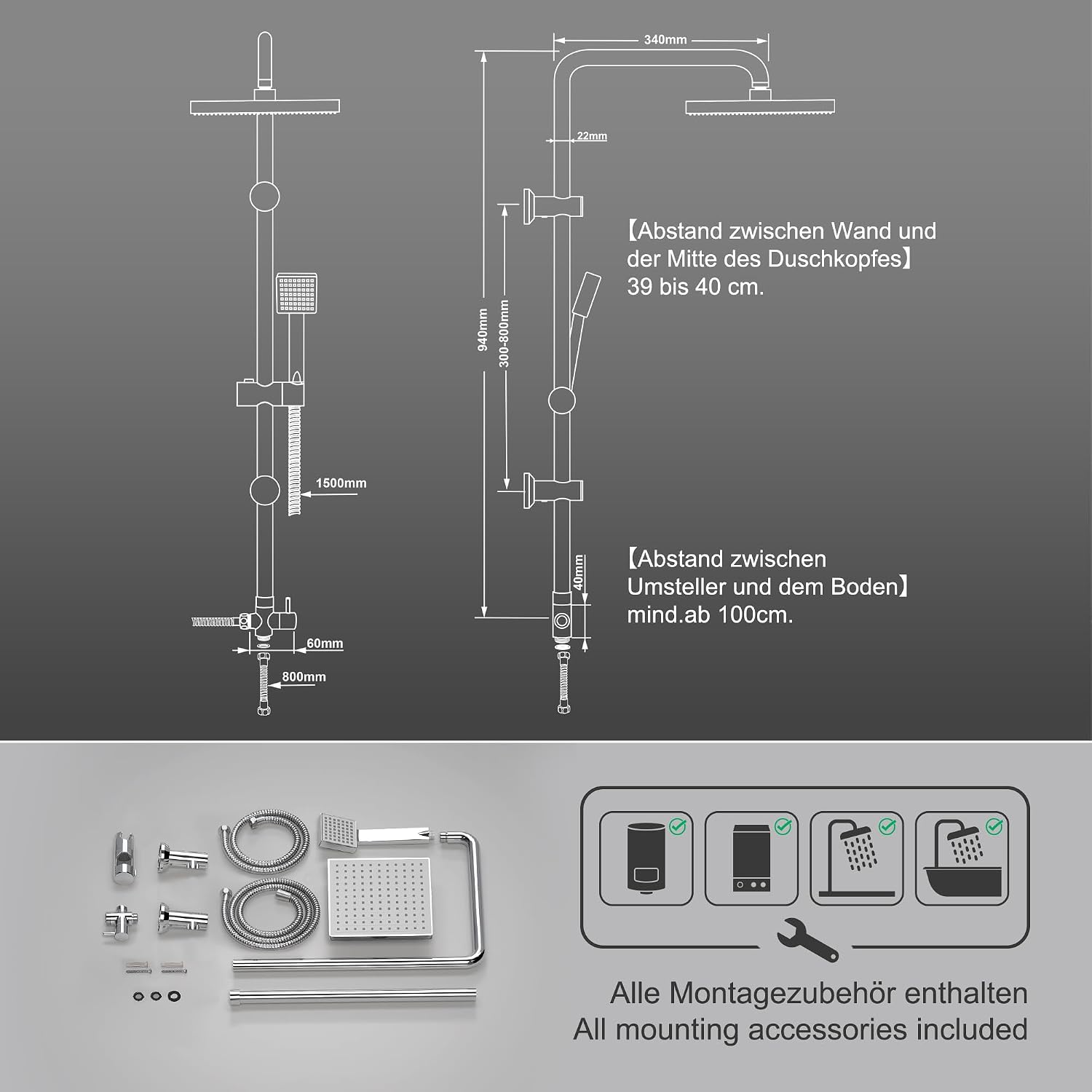 Detalle 2 de Colonne de Douche JOHO en Acier Inoxydable avec Douchette et Pommeau ABS Chromé – Hauteur Réglable