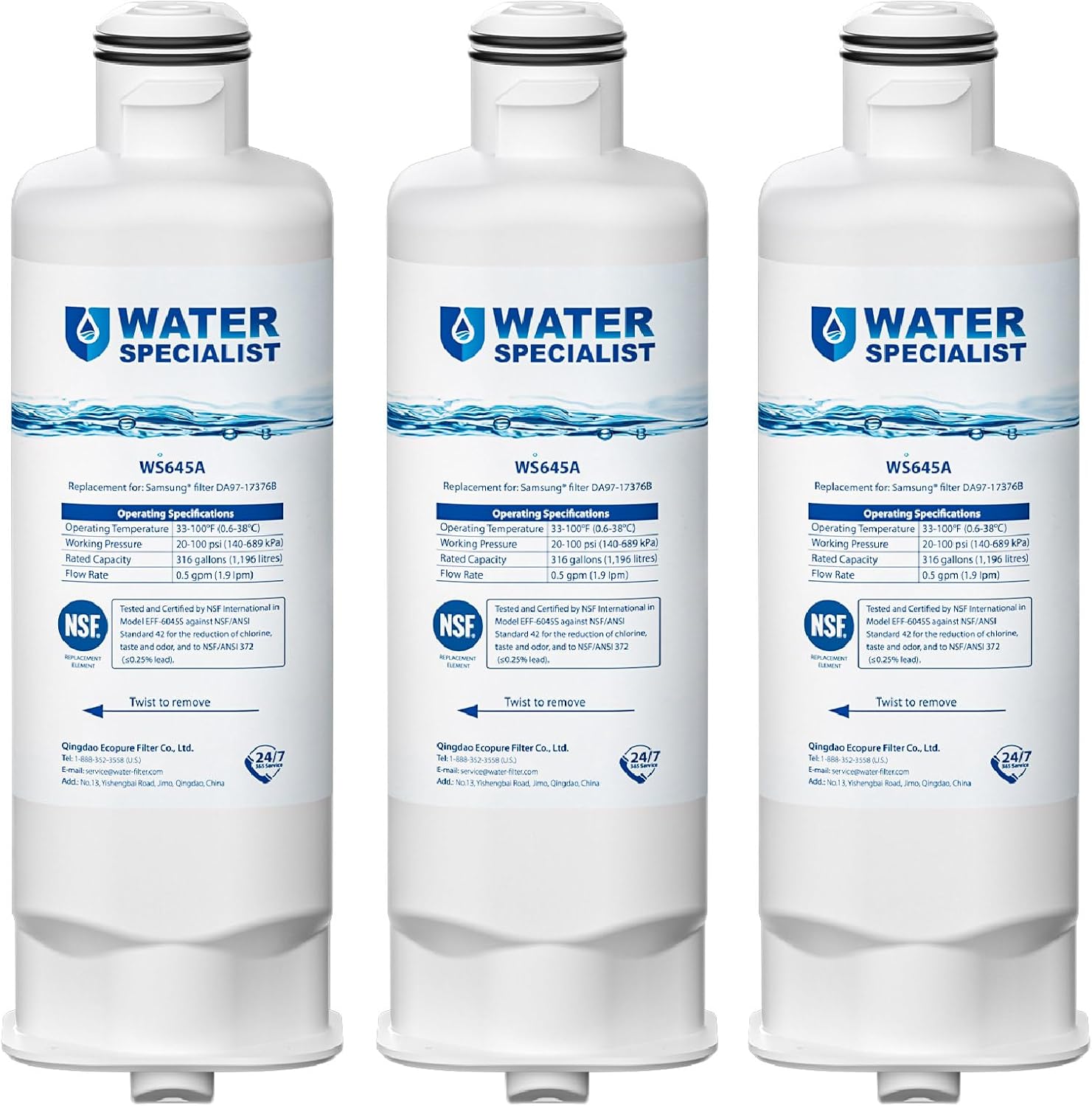 Detalle de Waterspecialist WS645A Refrigerator Water Filter (3 Pack) – Compatible Replacement with Coconut Shell Carbon Block