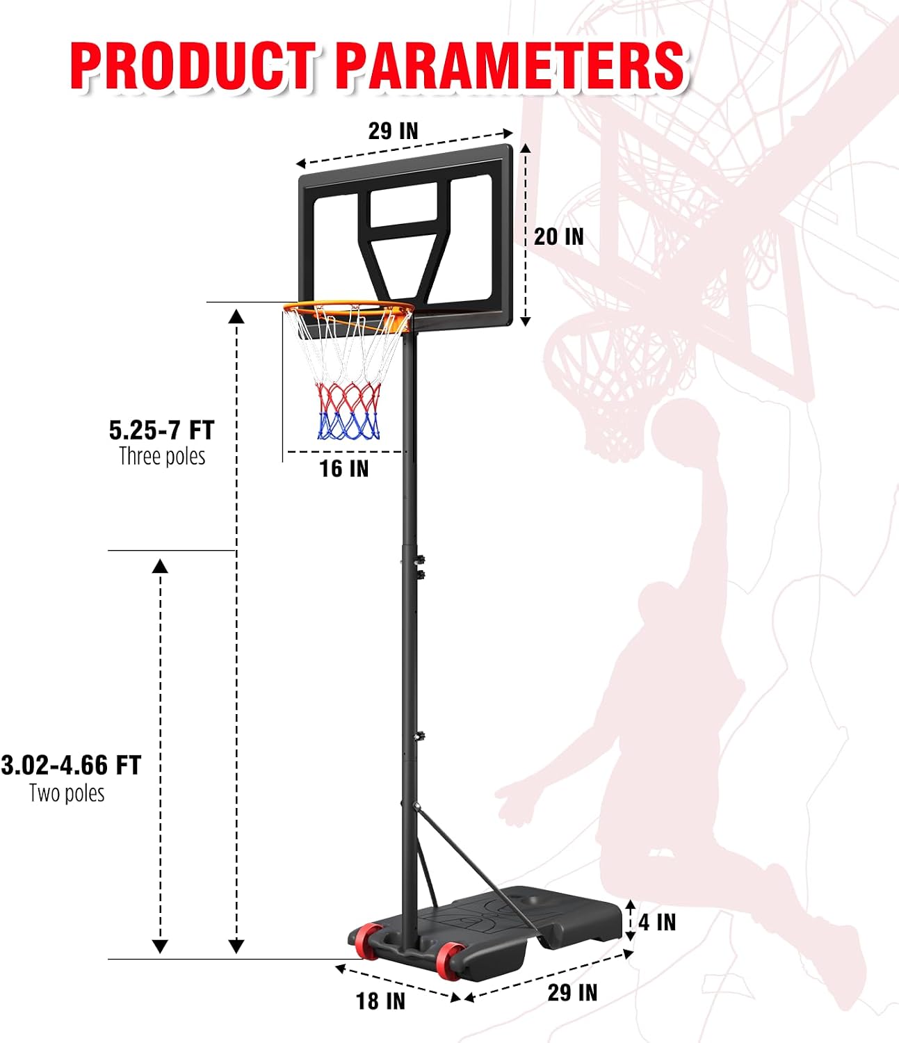Thumbnail 6 de Yohood Kids Basketball Hoop Portable Adjustable Goal, 3–7 ft