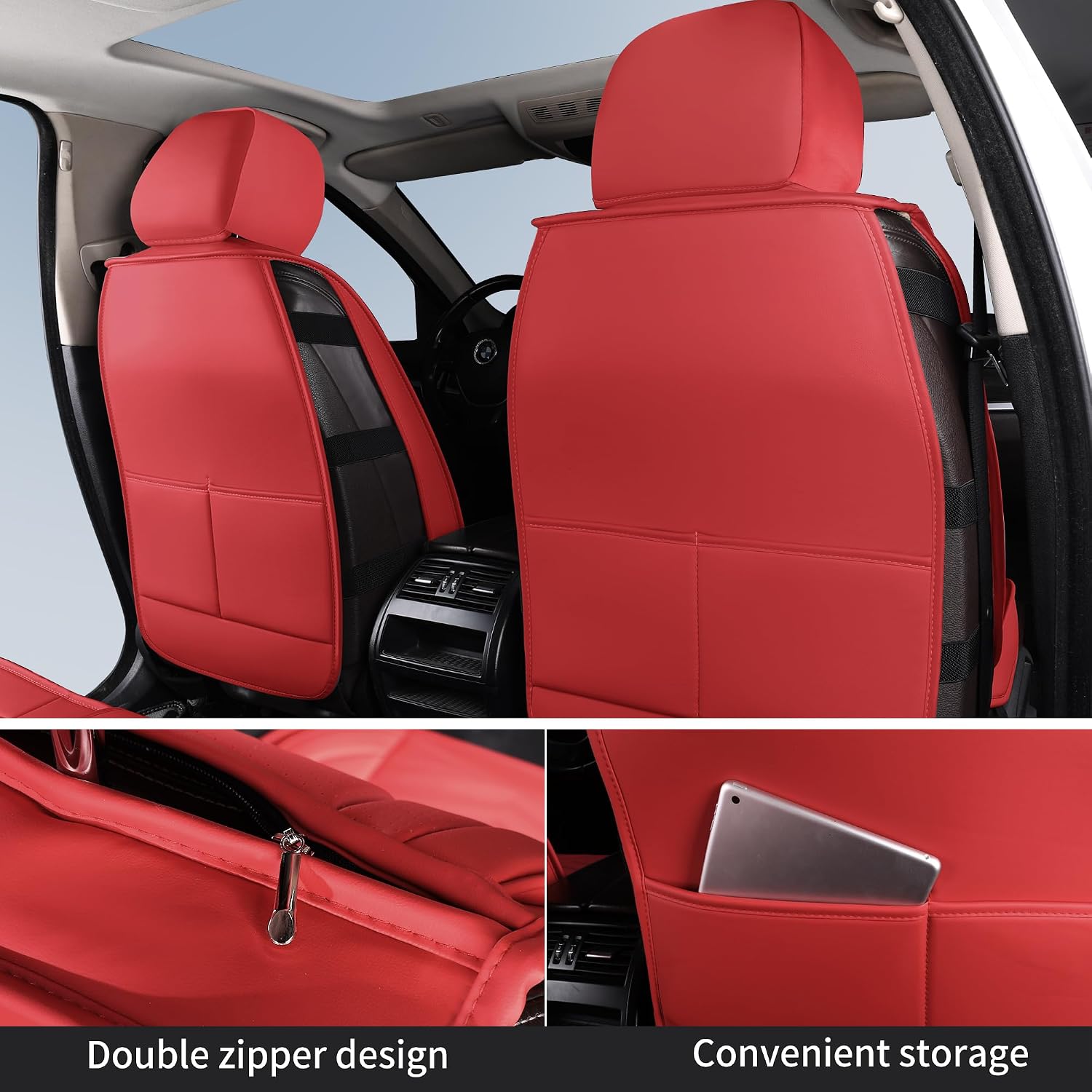 Detalle de HChengkikz Nappa Leather Car Seat Covers Full Set (Red) for 5 Seats