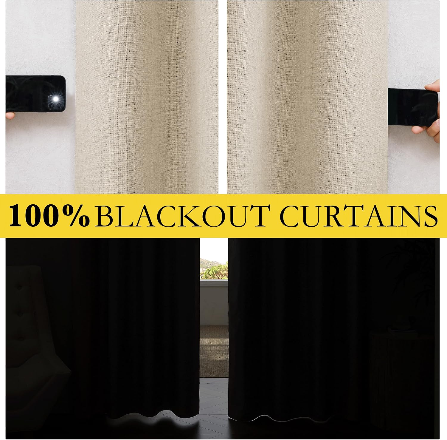 Detalle 2 de NICETOWN Cream 100% Blackout Linen Curtains 84