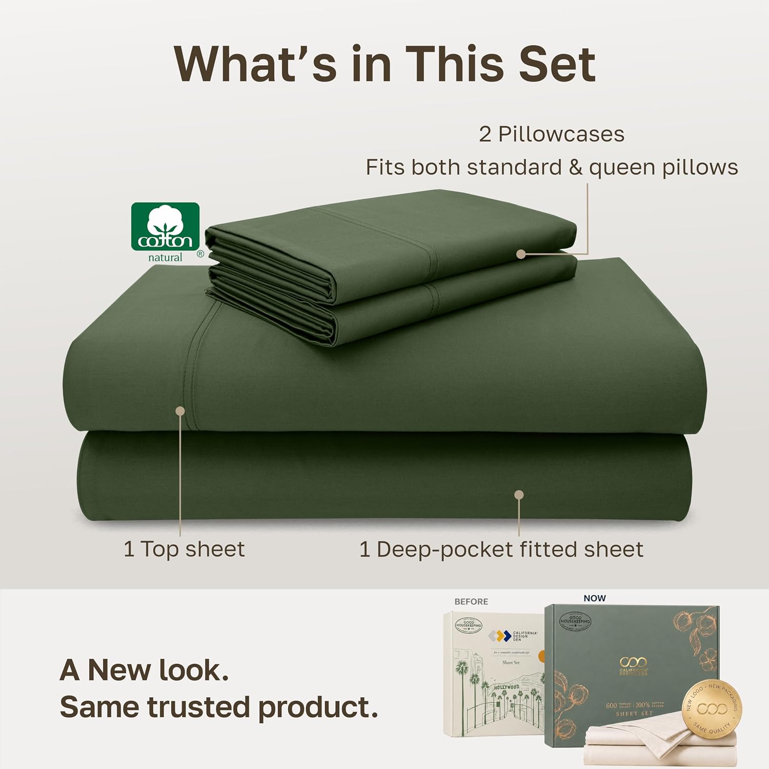 Detalle de California Design Den 600 Thread Count Queen Cotton Sateen Sheets, Dark Olive Green