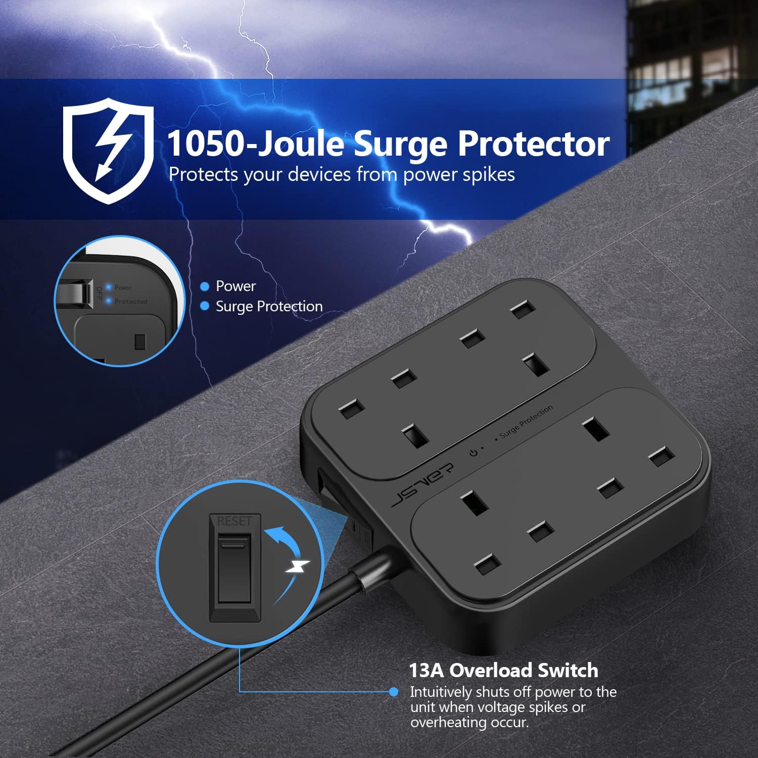 Detalle 2 de JSVER 4 Outlets Power Strip 3250W with USB-C and USB-A 🔌