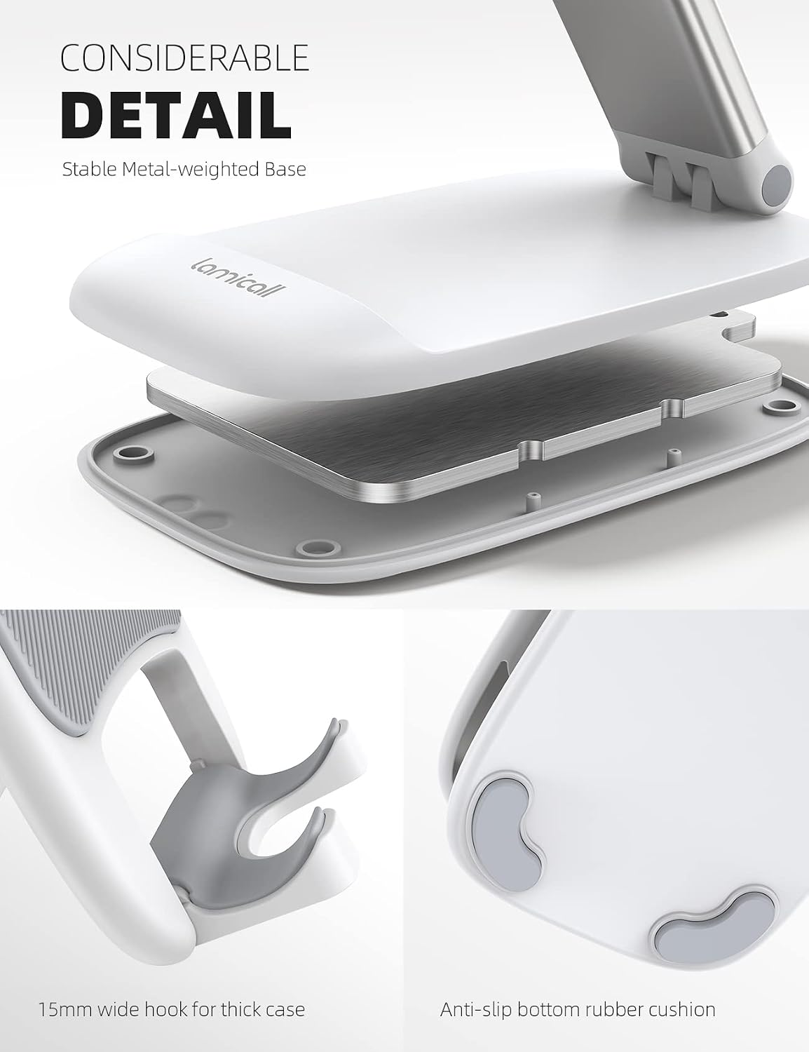 Detalle 2 de Lamicall DP13-EU-W Adjustable Phone Stand, Foldable, White with Metal Base