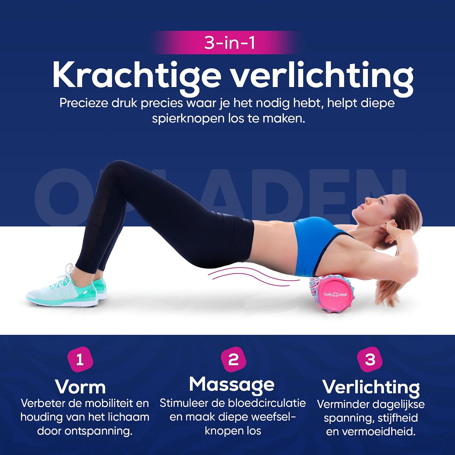 Detalle de Body & Mind Fascia Roller foamroller 33 x 14,5 cm met 3D-noppen, roze/blauw