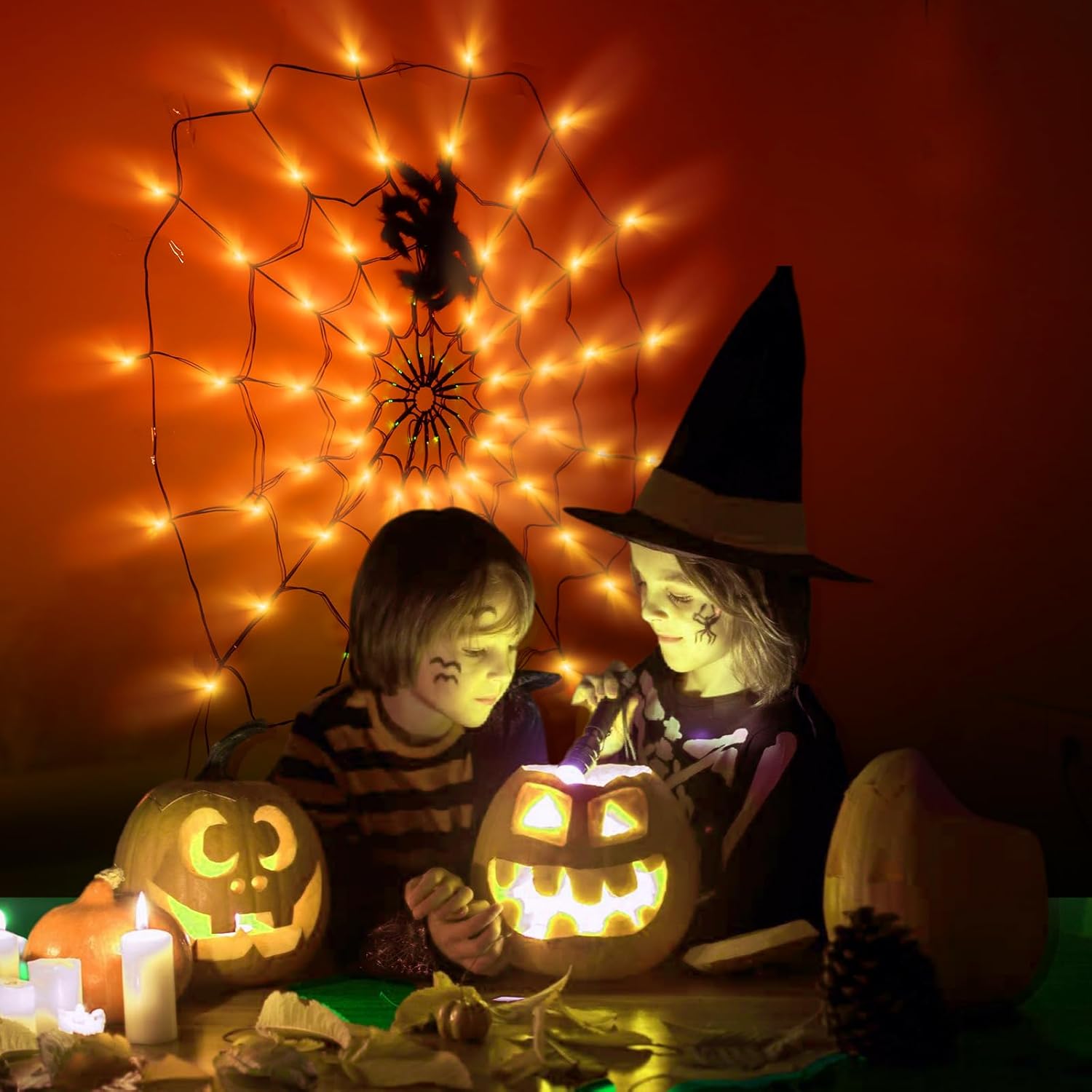 Detalle de LCHUANG YZZW-001 Halloween Spider Web Lights, 4-Foot Purple and Orange LED Set