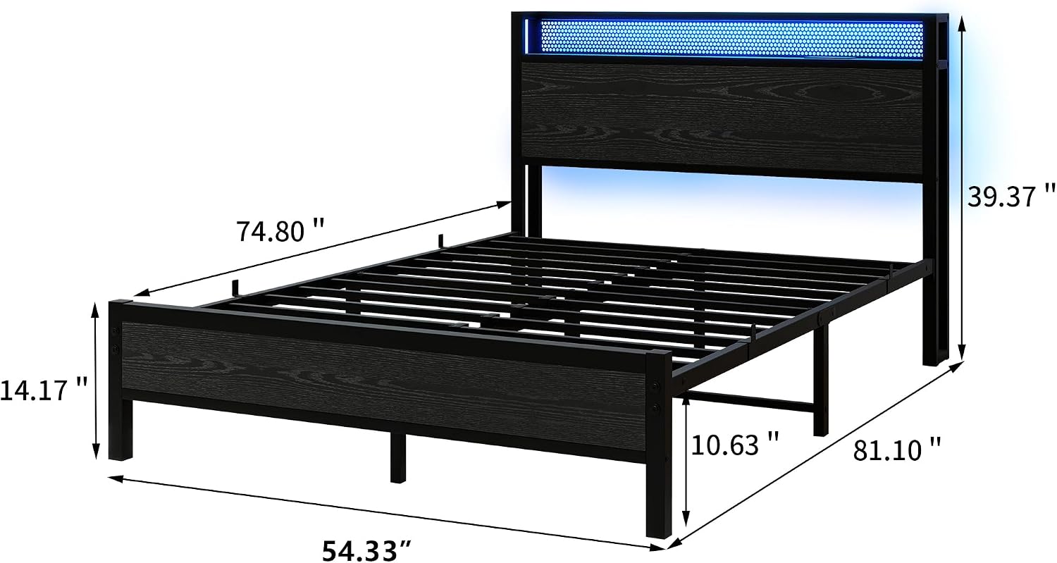 Detalle de Diolong 1012F Full Bed Frame with Storage Headboard, RGB LED Lights and Charging Station