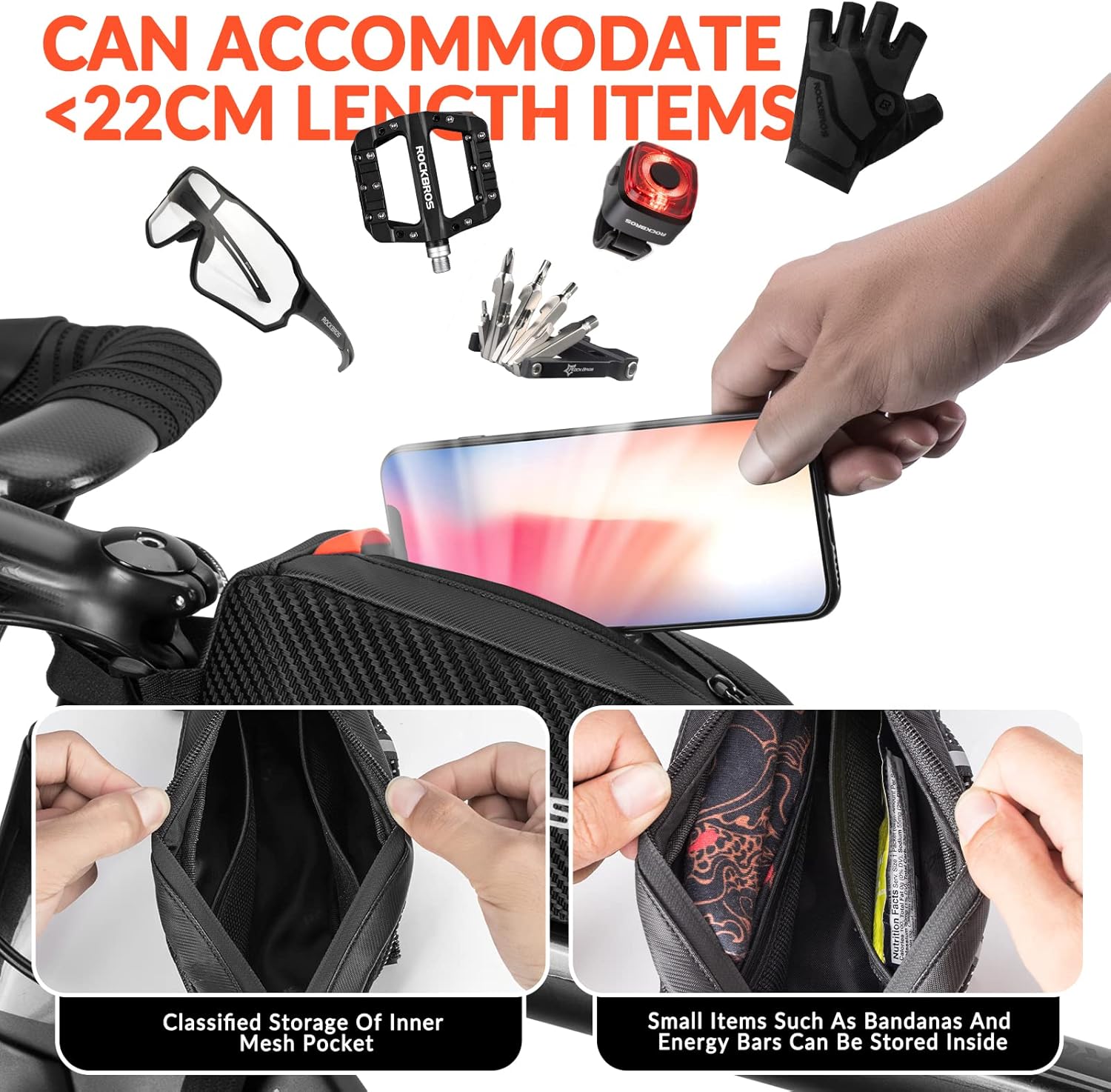 Thumbnail 2 de ROCKBROS 1L Bike Frame Bag – Reflective Top Tube Pouch for MTB, Road and E-Bike