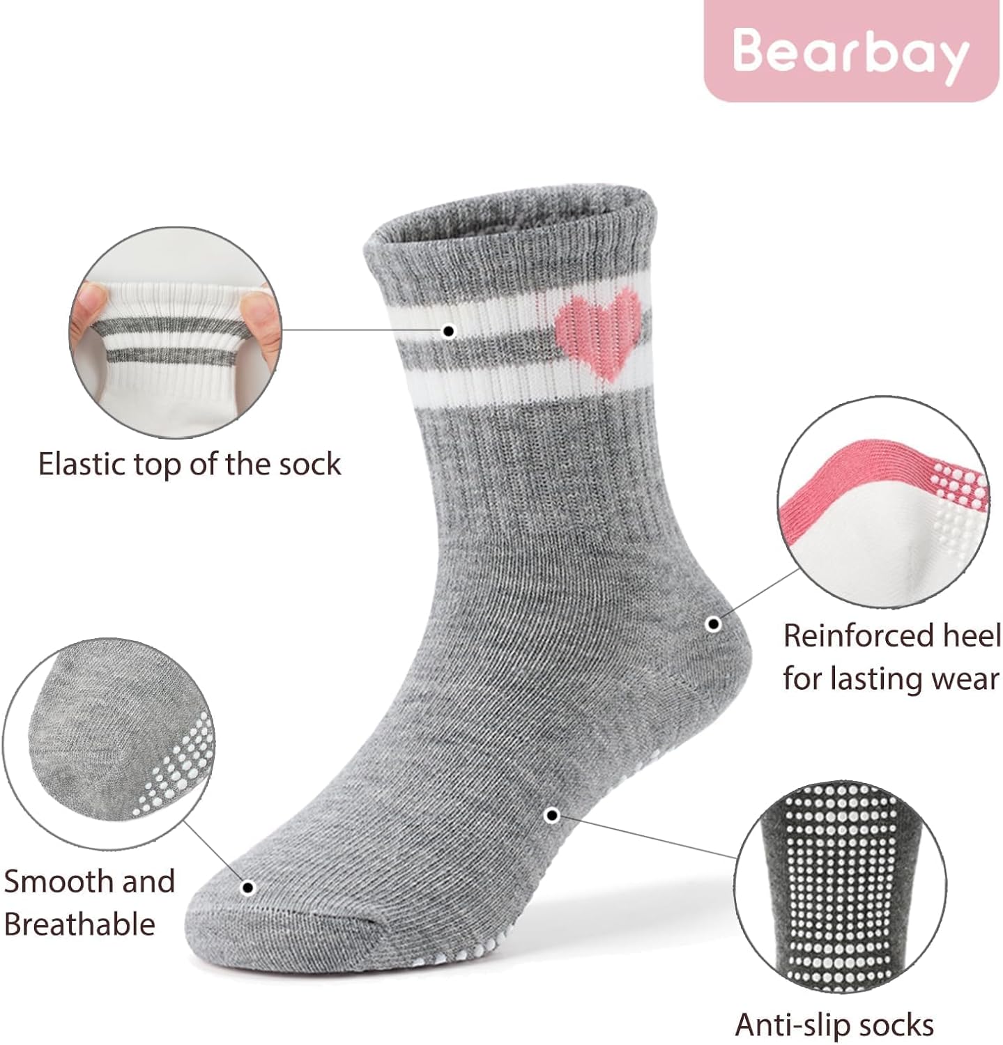 Thumbnail 3 de Bearbay Non-Slip Toddler Grip Socks with Anti-Skid Soles – 6-Pair Unisex Cotton Crew Socks