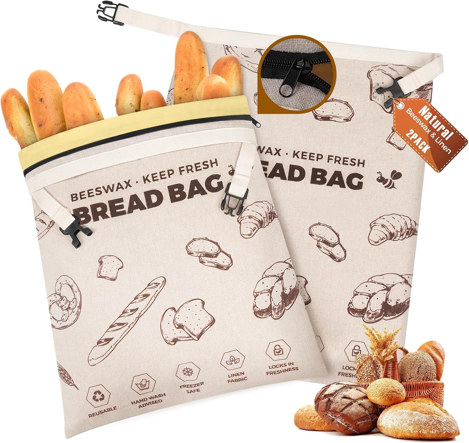 Detalle de YARRAMATE YM-AU-BRB-BBS-Z1 broodzakken van linnen met bijenwasvoering, 2-pack