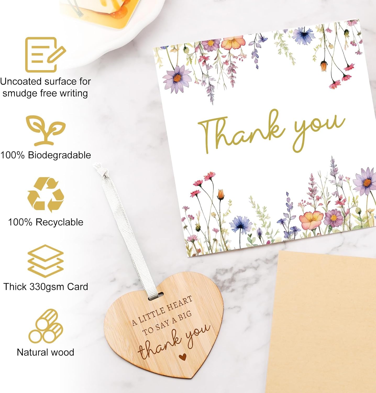 Detalle de TheGiffter 12PC Thank You Cards Multipack with Wooden Heart Plaque