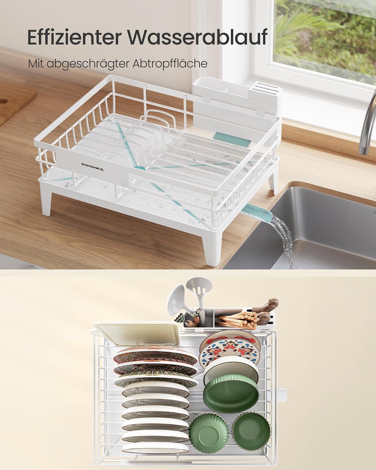 Detalle 2 de SONGMICS Abtropfgestell Geschirr KCS550WG01 – kompakt, 360° Auslauf und Abtropfschale