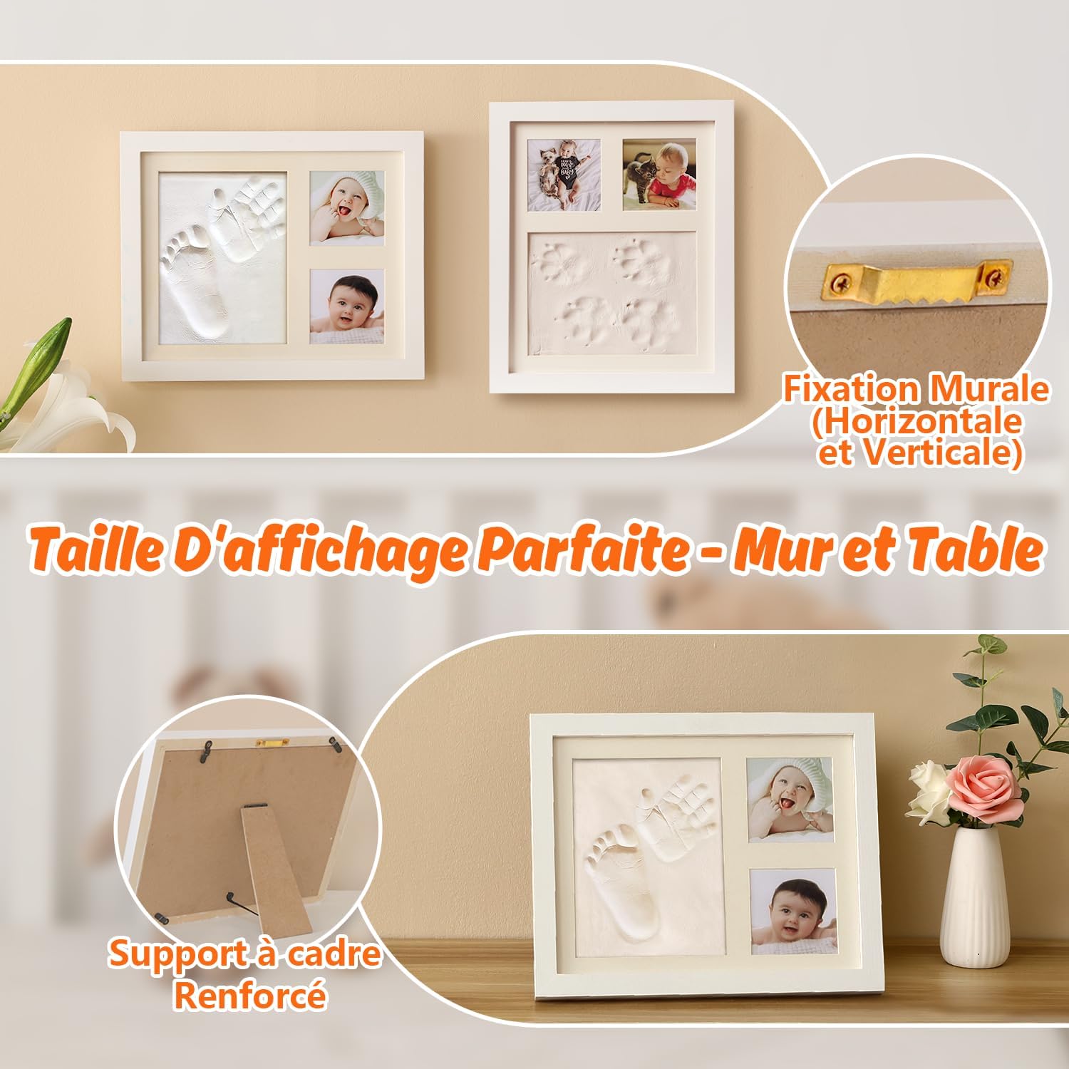 Thumbnail 3 de PewinGo Cadre Empreintes Bébé — Kit d'empreintes pieds et mains personnalisé, cadre photo bois blanc