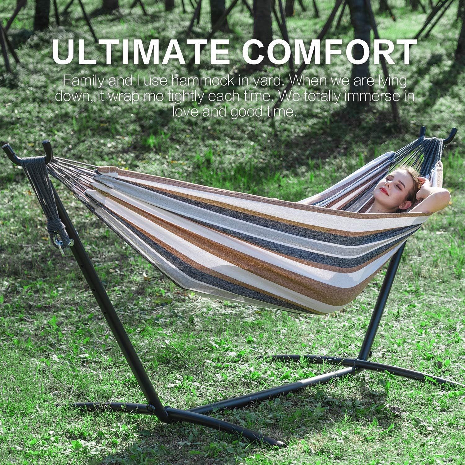 Thumbnail 1 de PNAEUT A01YSB01001 Double Hammock with Steel Stand, Coffee, 450 lb Capacity