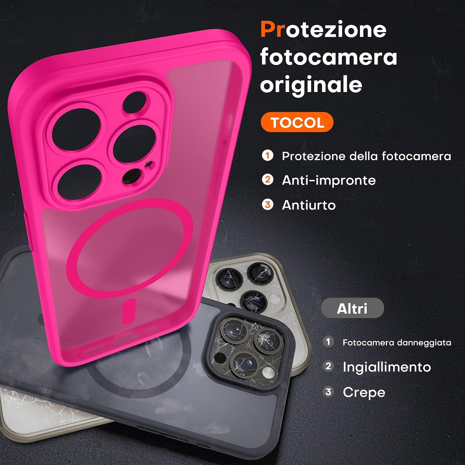 Thumbnail 4 de TOCOL Cover Magnetica per iPhone 15 Pro 6,1” con MagSafe, protezione fotocamera integrata e antiurto trasparente-opaca (Rosa Caldo)