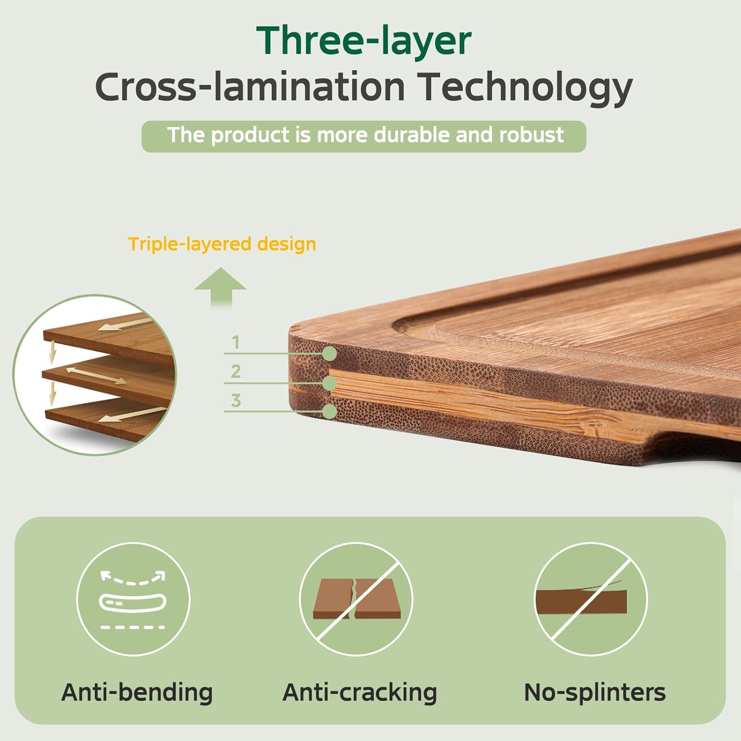Detalle 2 de Vocvee Bamboo Cutting Boards for Kitchen (Set of 3) with Storage Stand, Juice Groove & Dual-Sided Prep/Serving