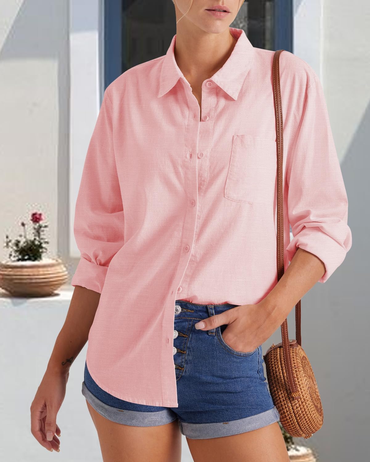 Detalle de Friptspyg Damen Bluse – Lässige Langarm-Hemdbluse aus 100% Baumwolle, V-Ausschnitt, Tasche, Weiß