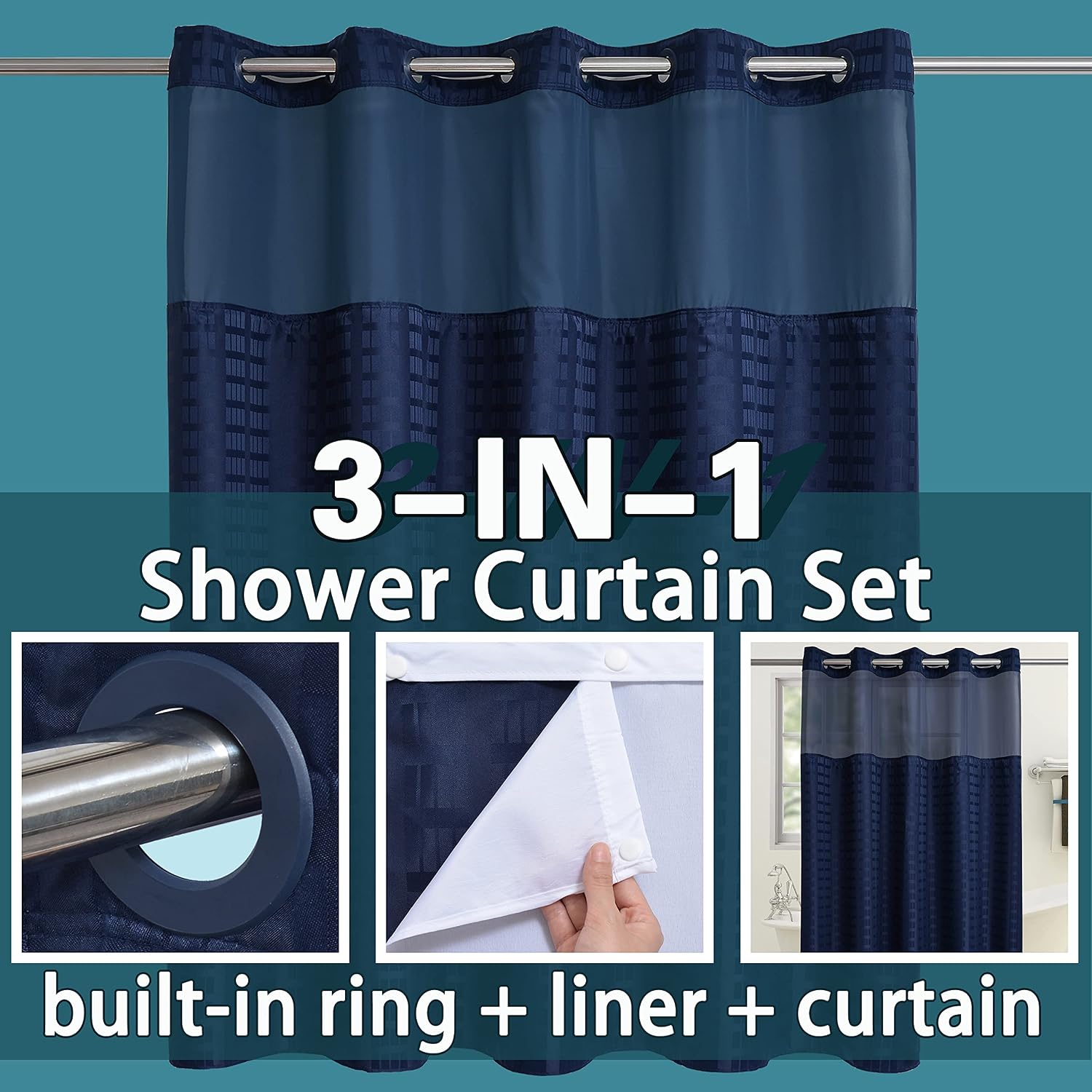 Thumbnail 2 de Conbo Mio Check-Dark Blue Shower Curtain with Snap-In Liner, 71" x 74