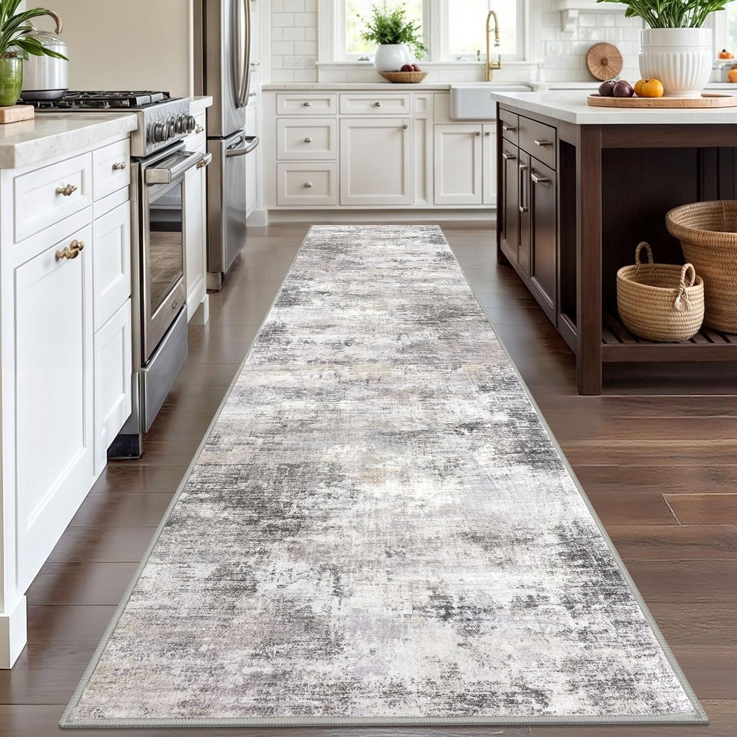Thumbnail 1 de IOHOUZE Abstract Runner Rug 3x12 Ft — Washable, Non-Slip Hallway Runner in Grey/Beige