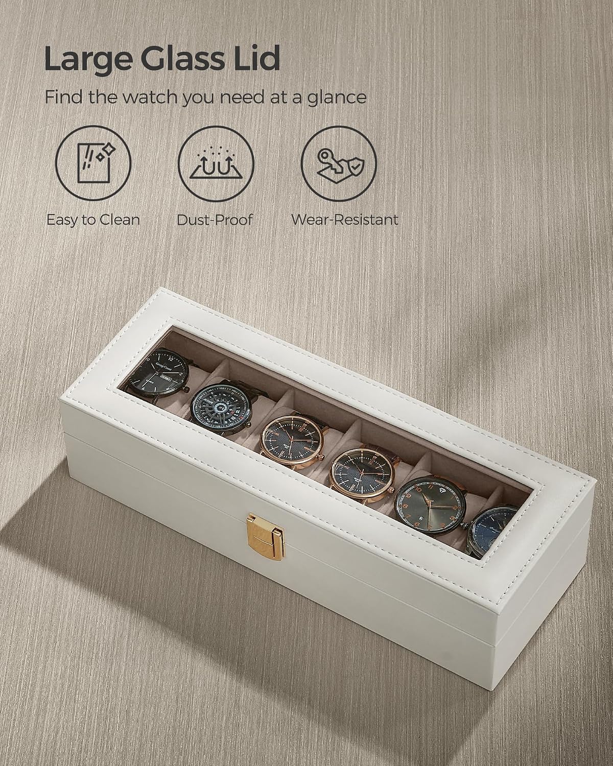 Detalle 1 de SONGMICS Watch Box with 6 Slots (Glass Lid) JWB006W01 in Cloud White PU