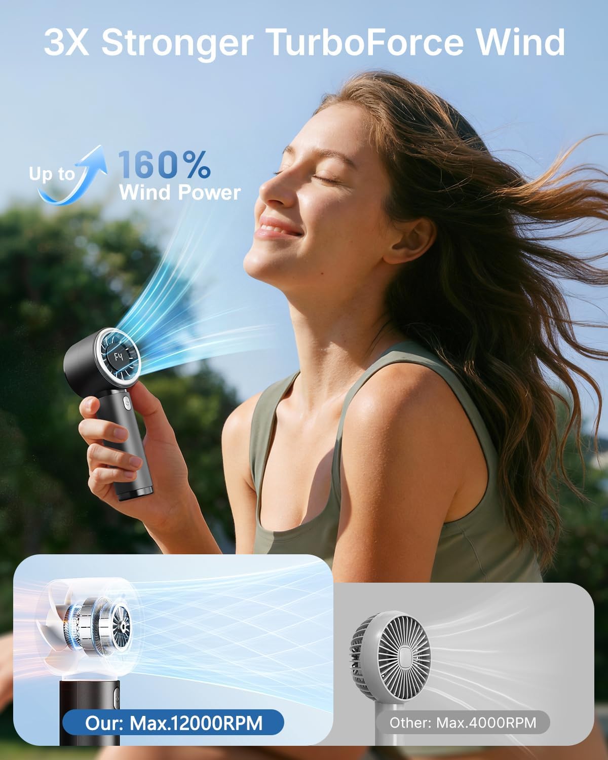 Thumbnail 1 de Bearwind Turbo Handheld Fan (Black) – Portable mini rechargeable fan with 5 speeds and LED battery display