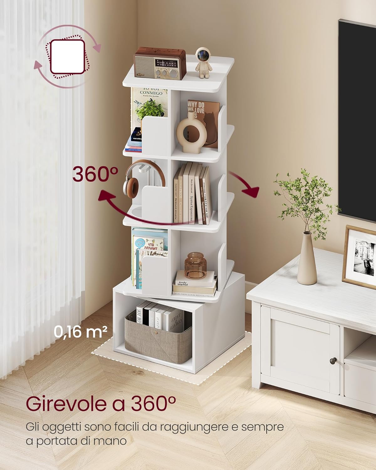 Thumbnail 3 de VASAGLE CUSTOS Collezione Libreria Scaffale Girevole a 360° 4 Ripiani, Bianco Nuvola LBC471WB01