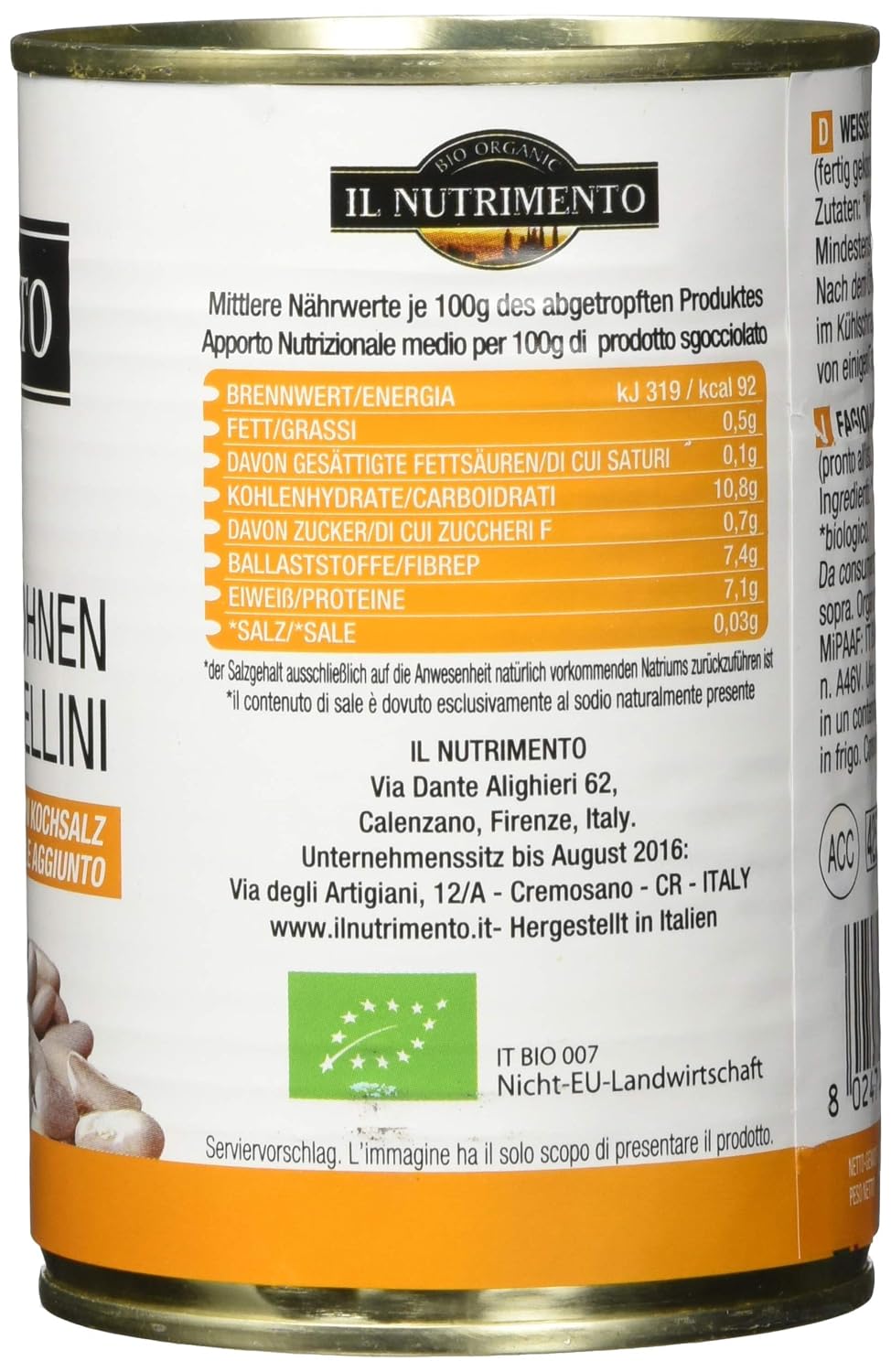 Detalle de Probios IL NUTRIMENTO Bio weiße Bohnen (Cannellini) – ohne Salzzusatz, 12 x 400 g
