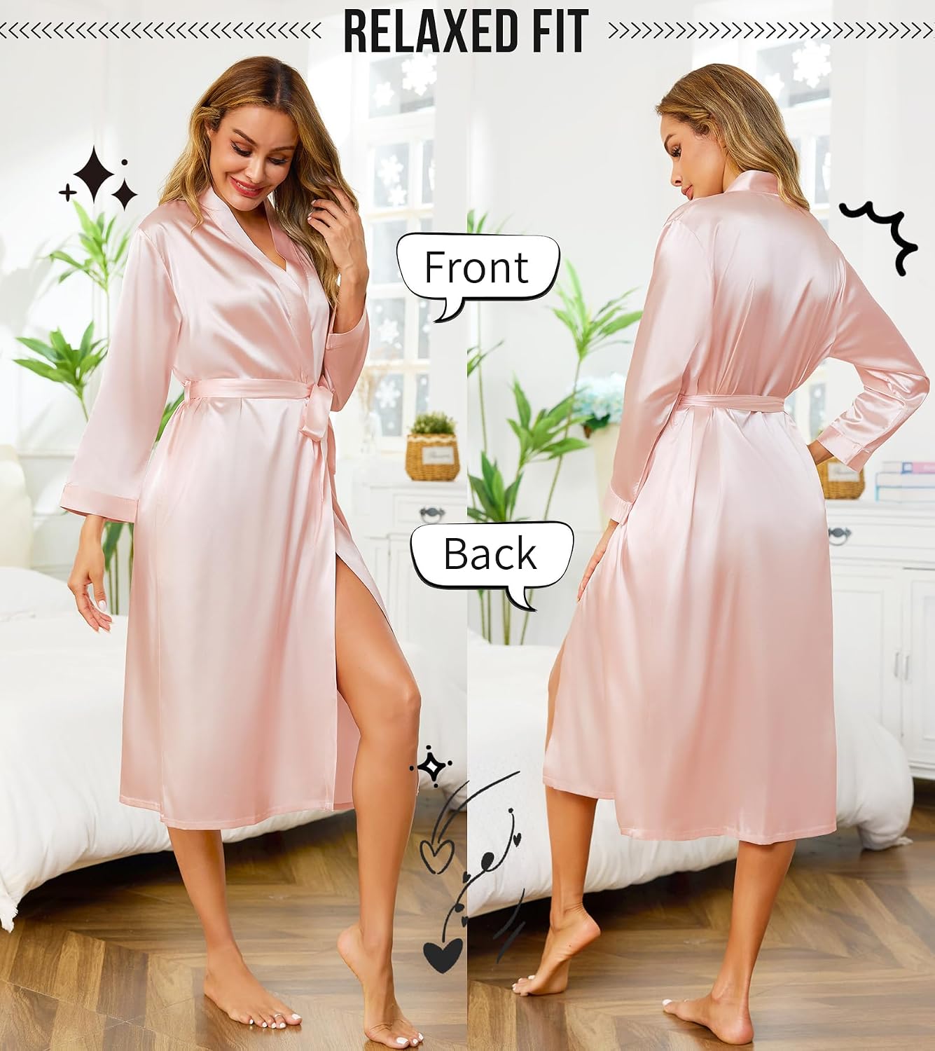 Detalle 2 de Lovasy Women's Satin Dressing Gown: Long Silk Kimono with Pockets