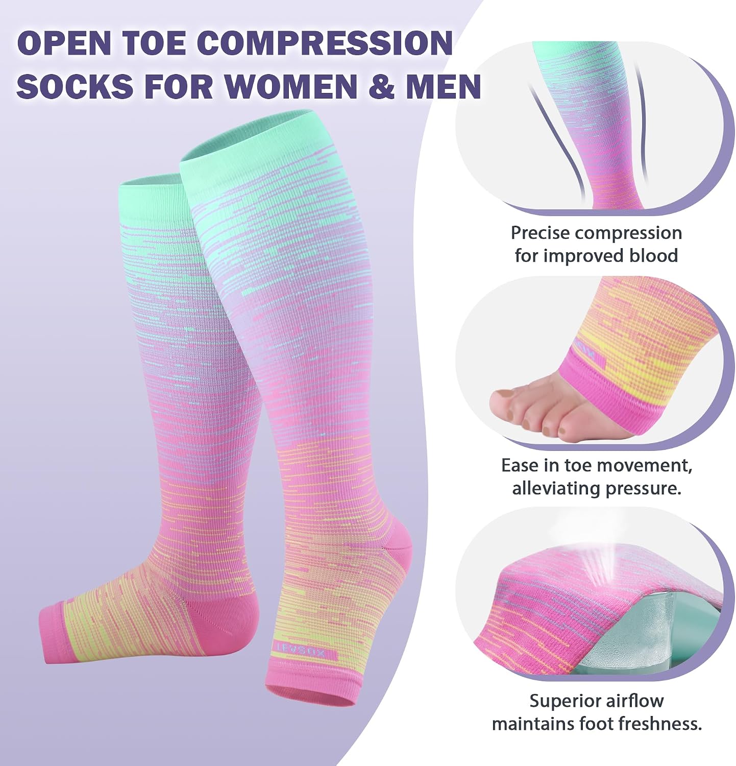 Detalle 2 de LEVSOX Open Toe Compression Socks for Women & Men 20-30mmHg — Knee High, Toeless Support Stockings