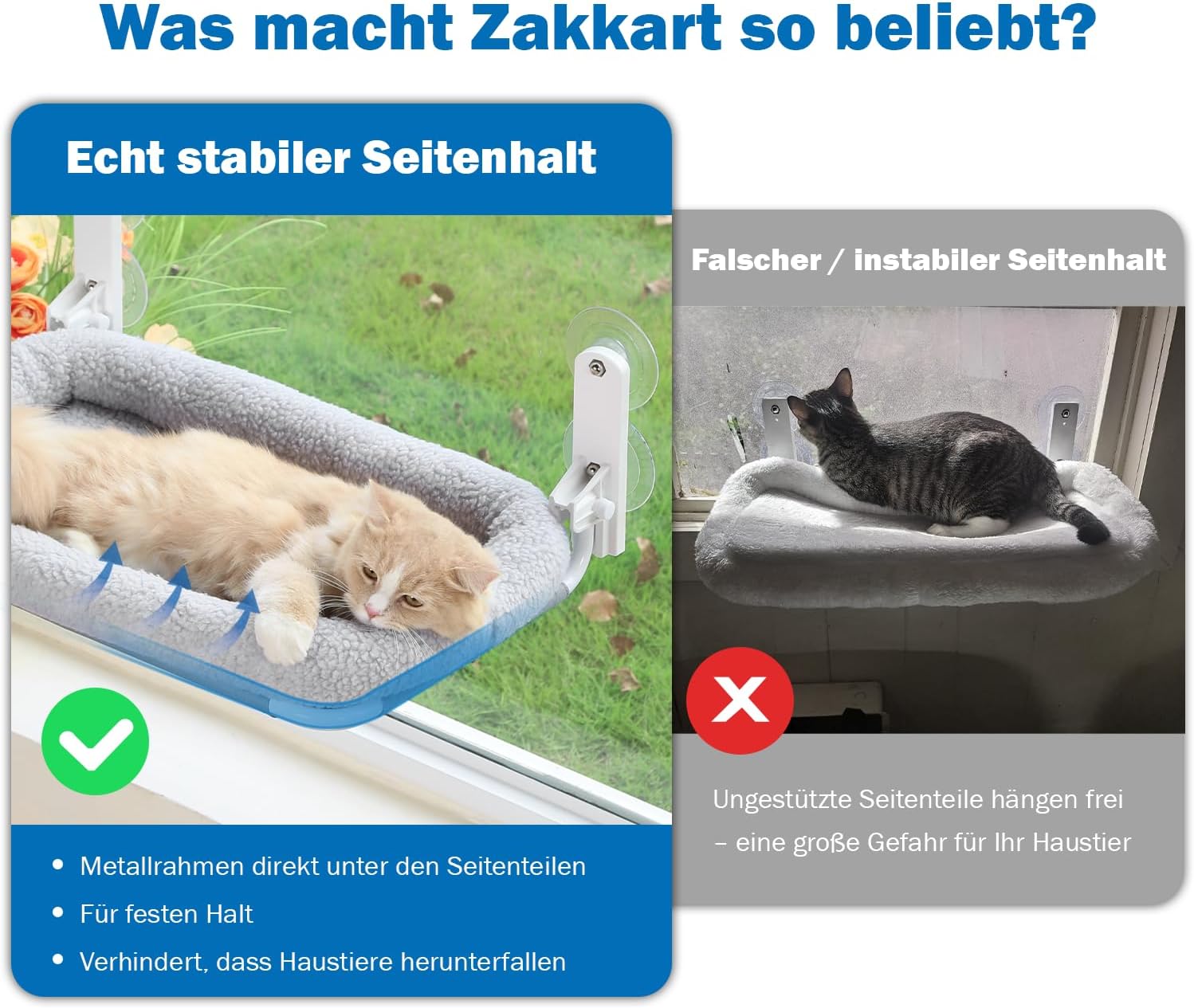 Detalle 2 de Zakkart Faltbare Katzenhängematte fürs Fenster – Kabellos, waschbares Bett, robuster Metallrahmen (grau, groß)