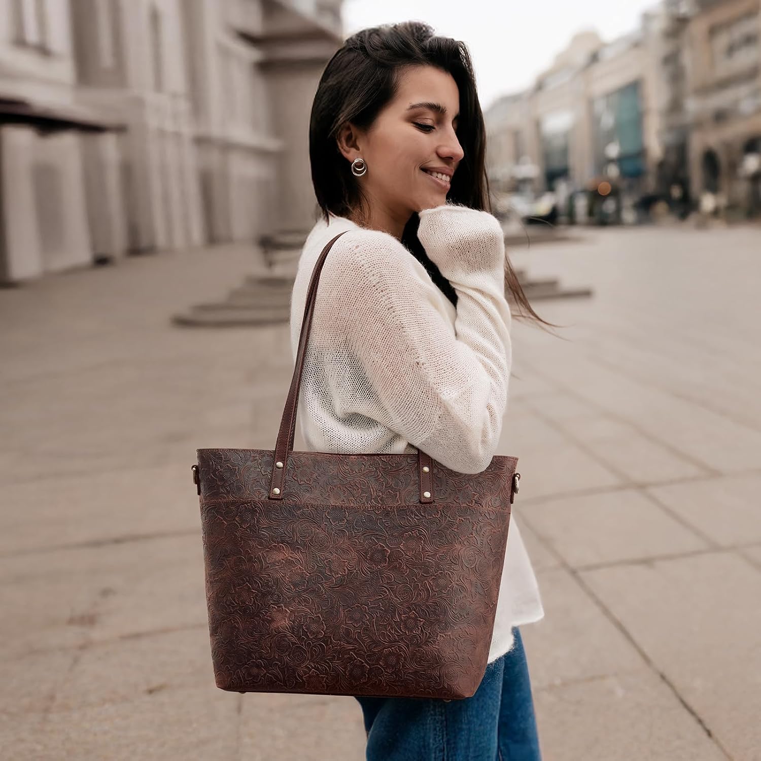 Detalle de S-ZONE Sac fourre-tout en cuir Crazy Horse pour femme — grand sac à bandoulière et ordinateur portable