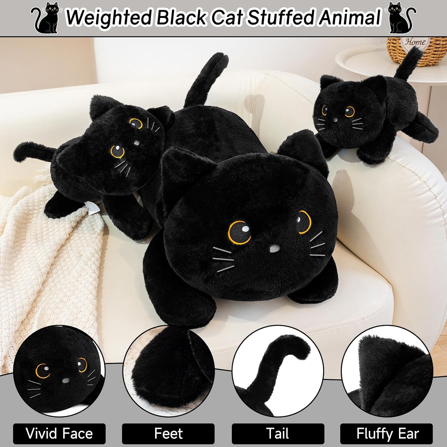 Detalle de SQEQE Weighted Black Cat Plush — 13.8-Inch Cozy Weighted Stuffed Animal