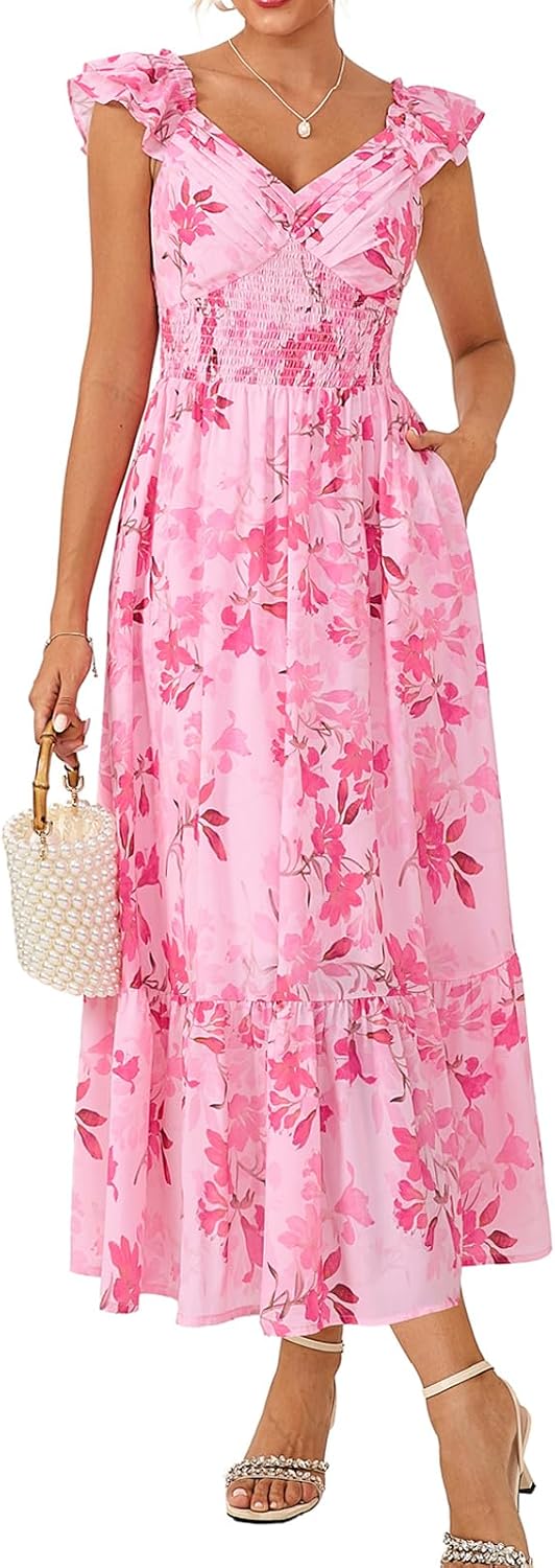Detalle de GRACE KARIN Damen Blumenkleid mit V-Ausschnitt, Rüschenärmel und Tasche – Sommer-Maxikleid