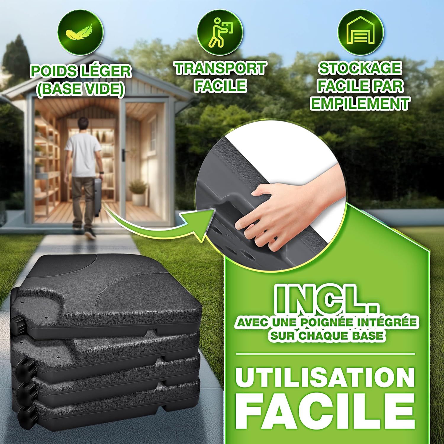 Thumbnail 1 de Tillvex Lestage & Dalles Carrées pour Parasol Déporté — Base remplissable 60 L / 80 kg, 4 pièces avec connecteur métallique (Anthracite)