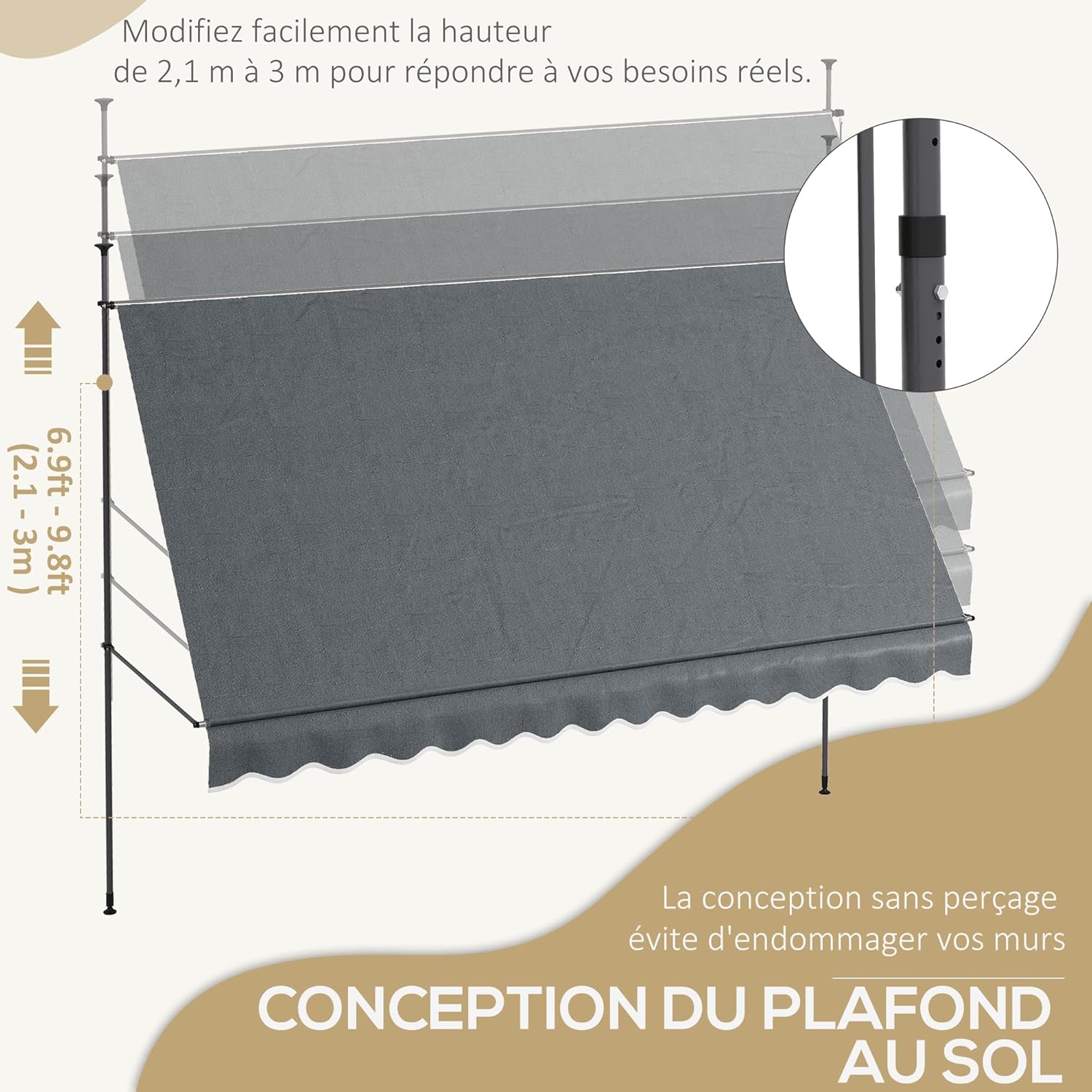 Thumbnail 2 de Outsunny Store Banne autoportante manuelle avec auvent rétractable – 3,5 m x 1,2 m, hauteur 2,1–3 m, inclinable