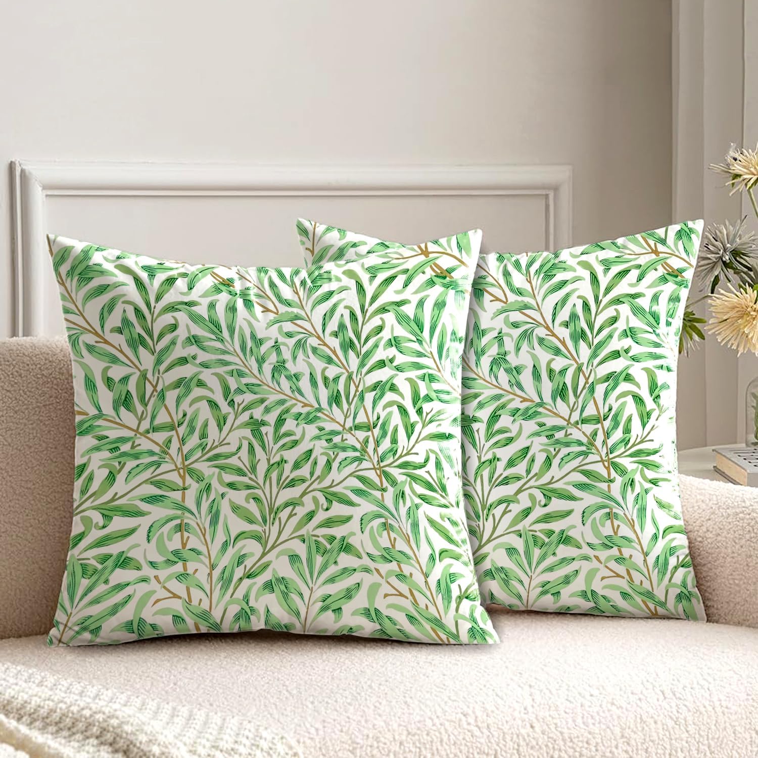 Detalle de HUASHUZI Outdoor Cushion Covers Green Leaf 50x50cm Set of 2 – Double-Sided Garden Decor for Benches and Sofas