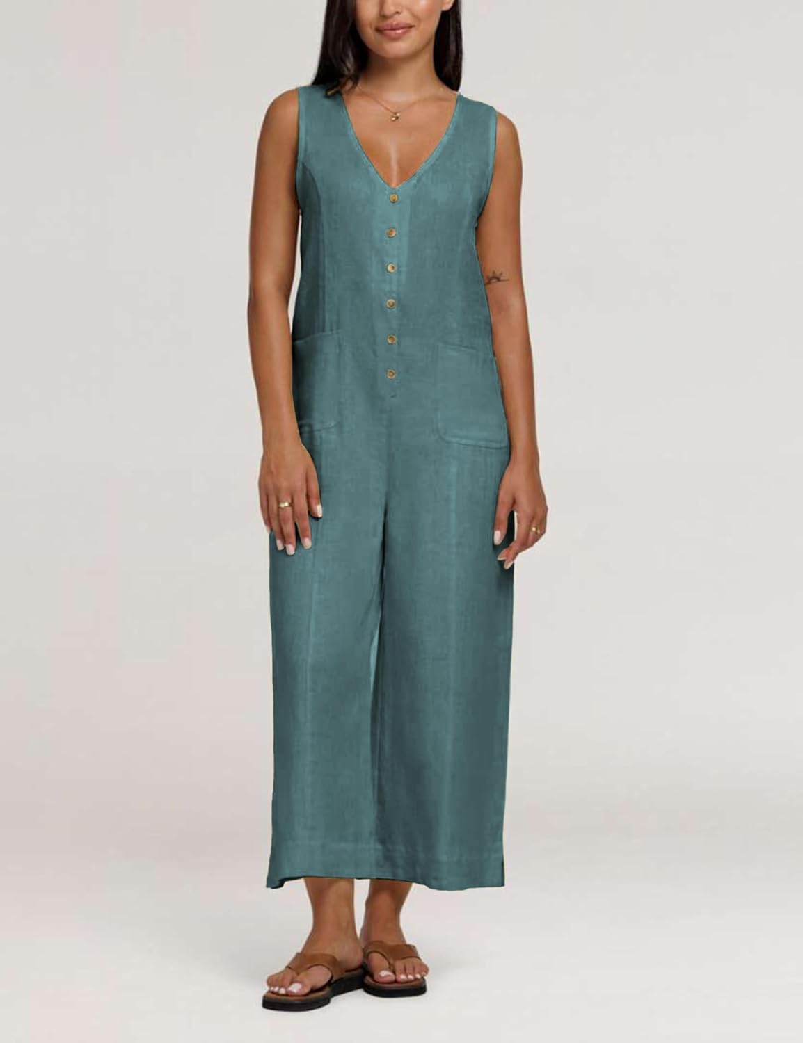 Thumbnail 5 de Yeokou Women Button Down Jumpsuits: Cotton Linen Sleeveless Wide-Leg Rompers