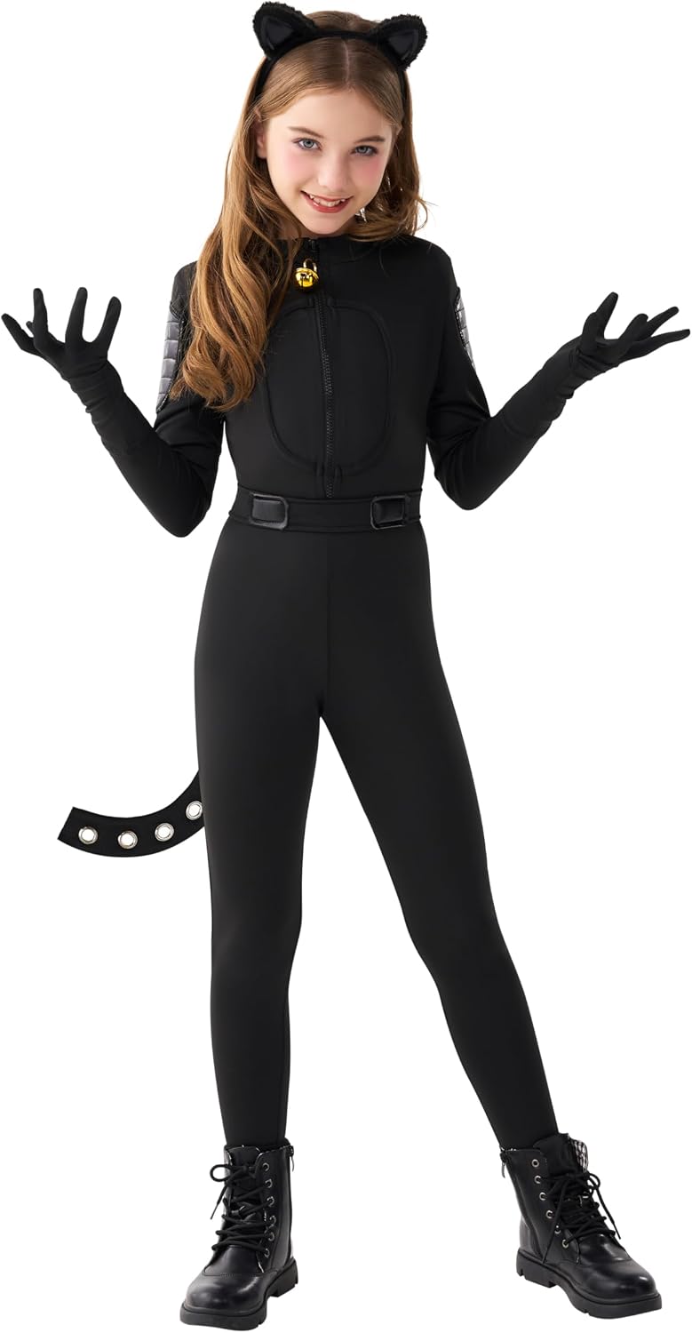 Detalle de Spooktacular Creations Black Cat Costume for Girls with Tail and Front-Zip Bodysuit