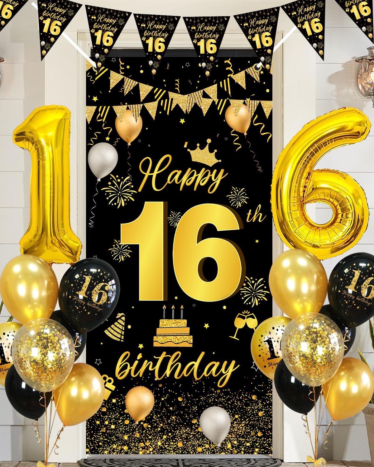 Thumbnail 4 de 16th Birthday Decorations Black & Gold Kit with Balloons, Banner and Triangle Flag Bunting