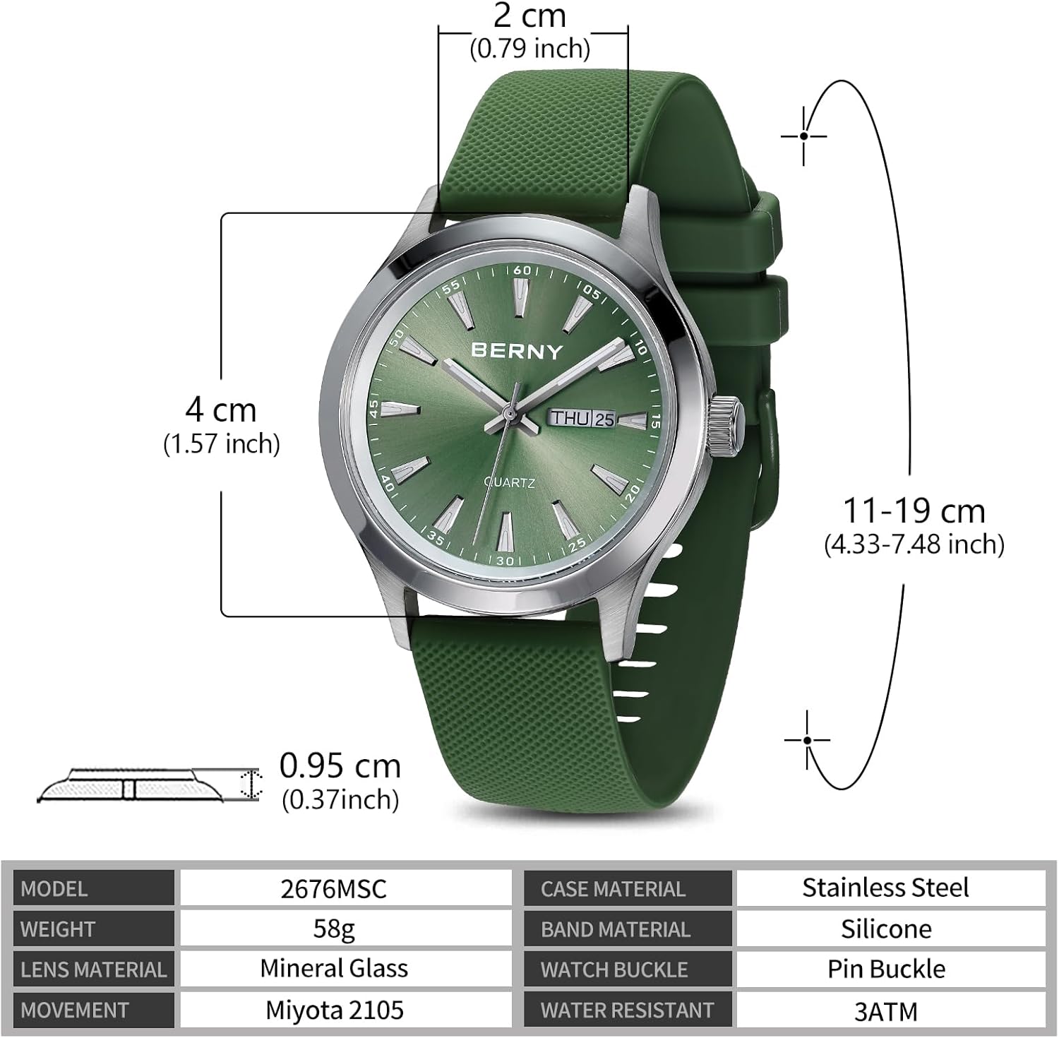 Detalle de BERNY Herren Quarz Modeuhr – wasserdicht, Datum, Silikonarmband