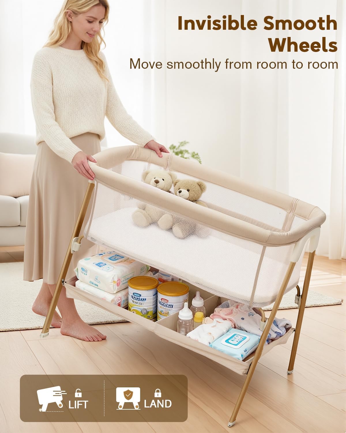 Detalle de JevrJeur 662 Baby Bassinet, Beige Bedside Sleeper with Mesh Sides