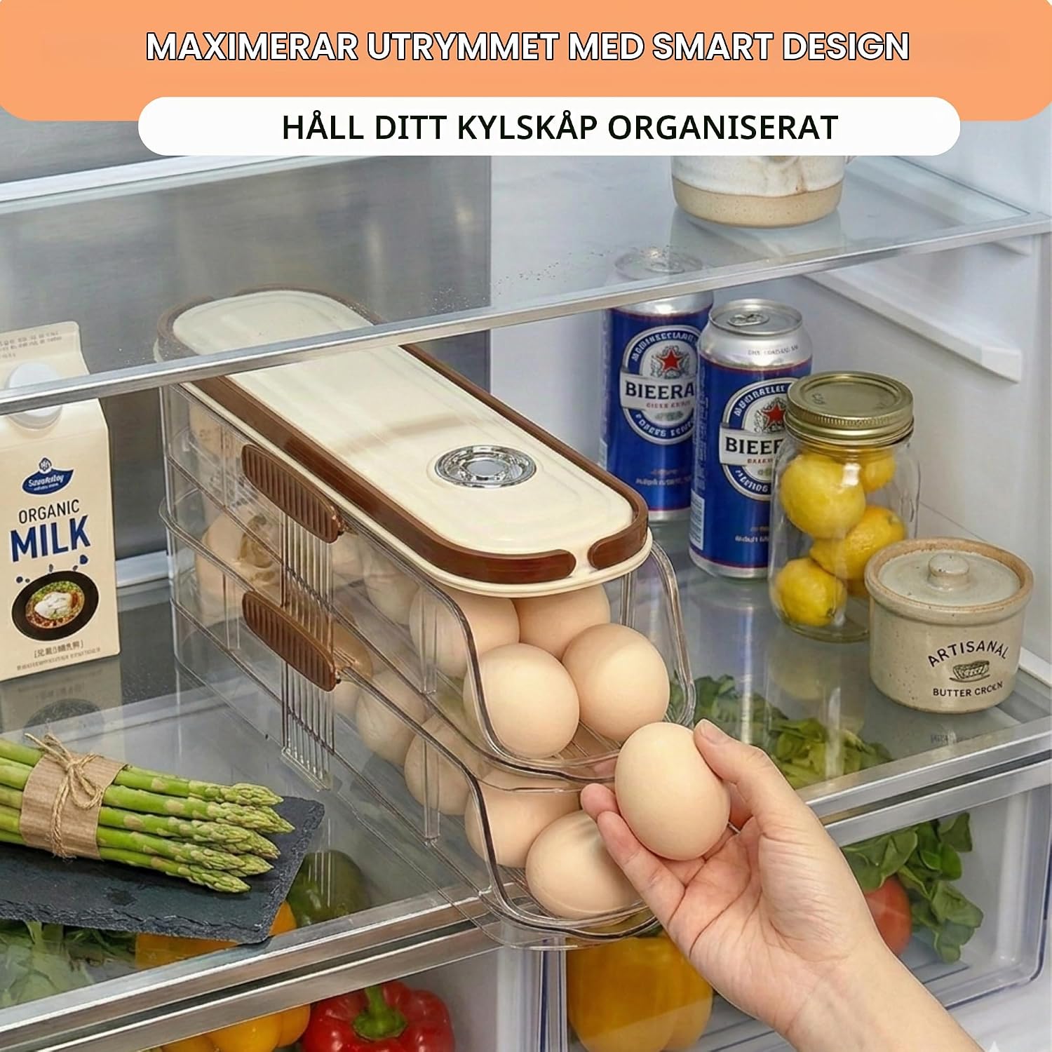 Detalle de MAGIC SELECT H8719 äggförvaring med automatisk dispenser, två nivåer och plats för cirka 28 ägg