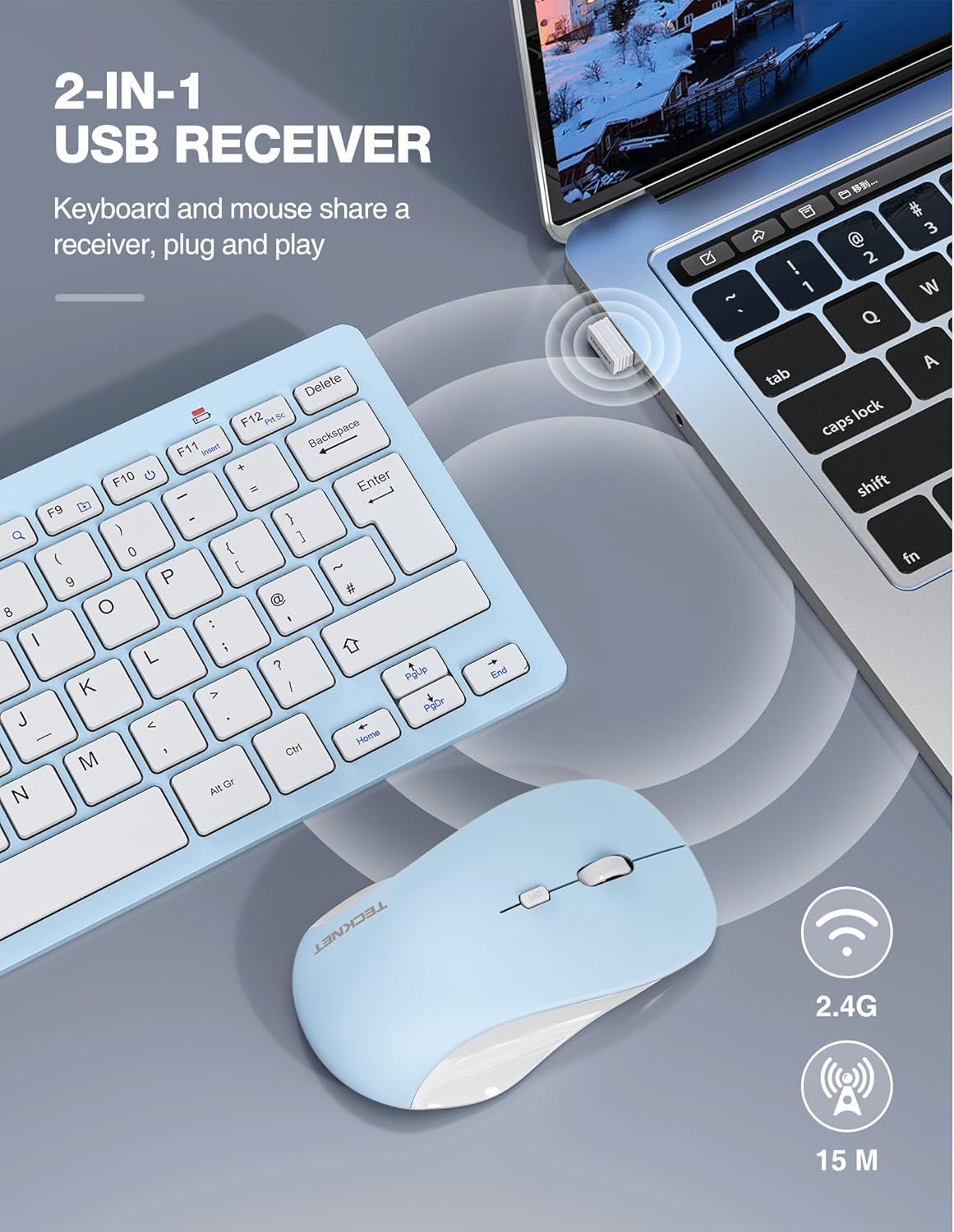 Thumbnail 1 de TECKNET Mini Wireless Keyboard and Mouse Set (2.4G) with Nano USB Receiver + Silent Mouse, Blue