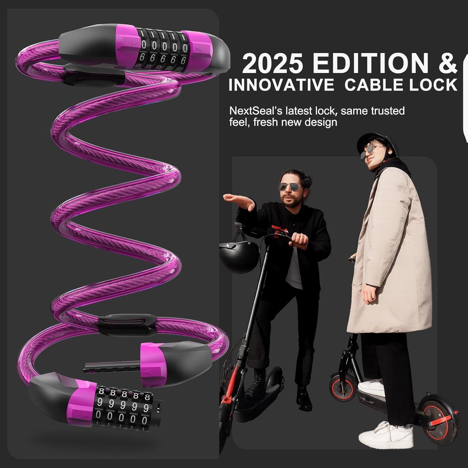 Thumbnail 1 de NextSeal E-Scooter Schloss mit Doppel-Zahlenschloss, 5-stelligem Code und 12-mm-Kabel (105 cm)