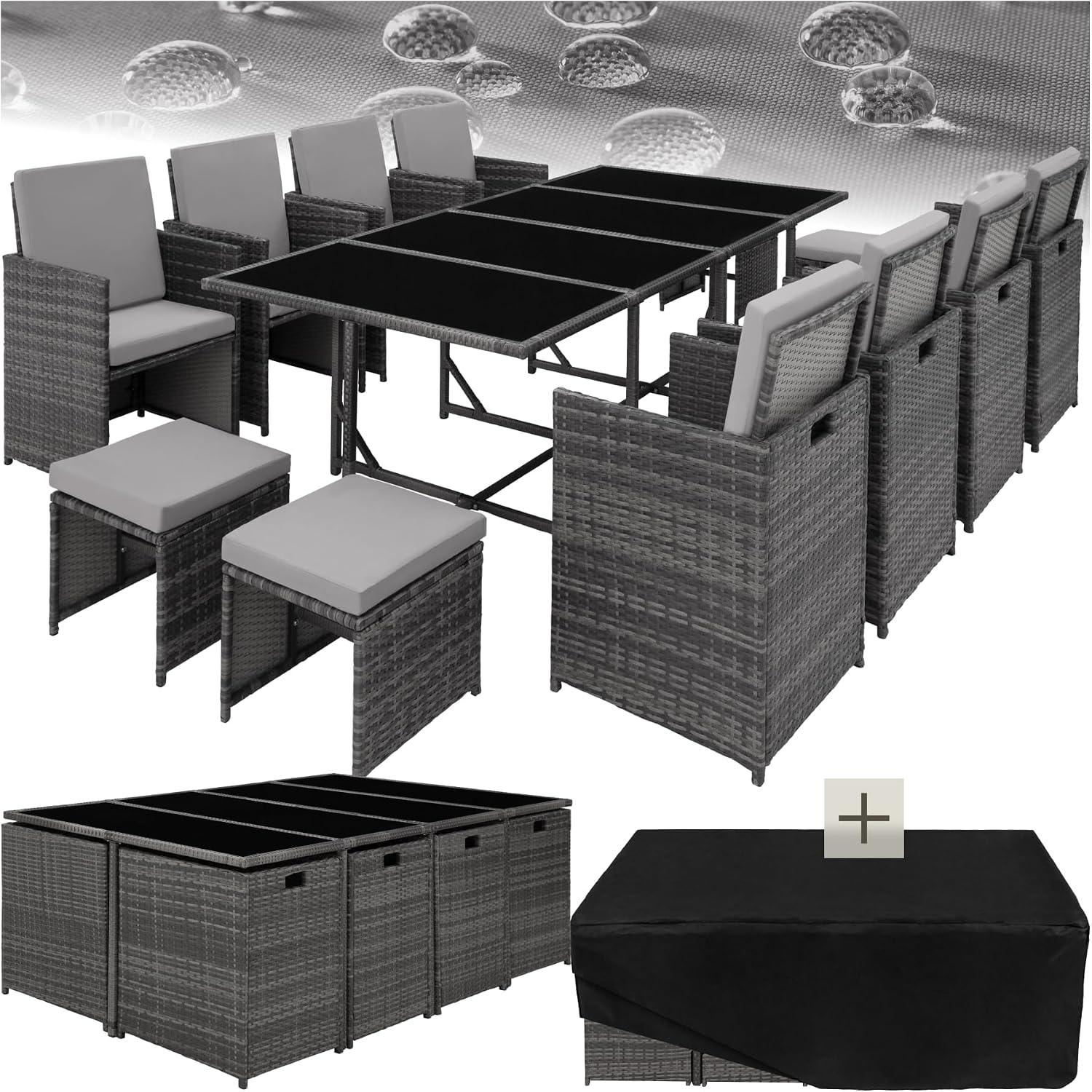 tectake Gartenlounge Set mit Polyrattan: 8 Stühle + 4 Hocker + 1 Tisch (8+4+1), grau/hellgrau